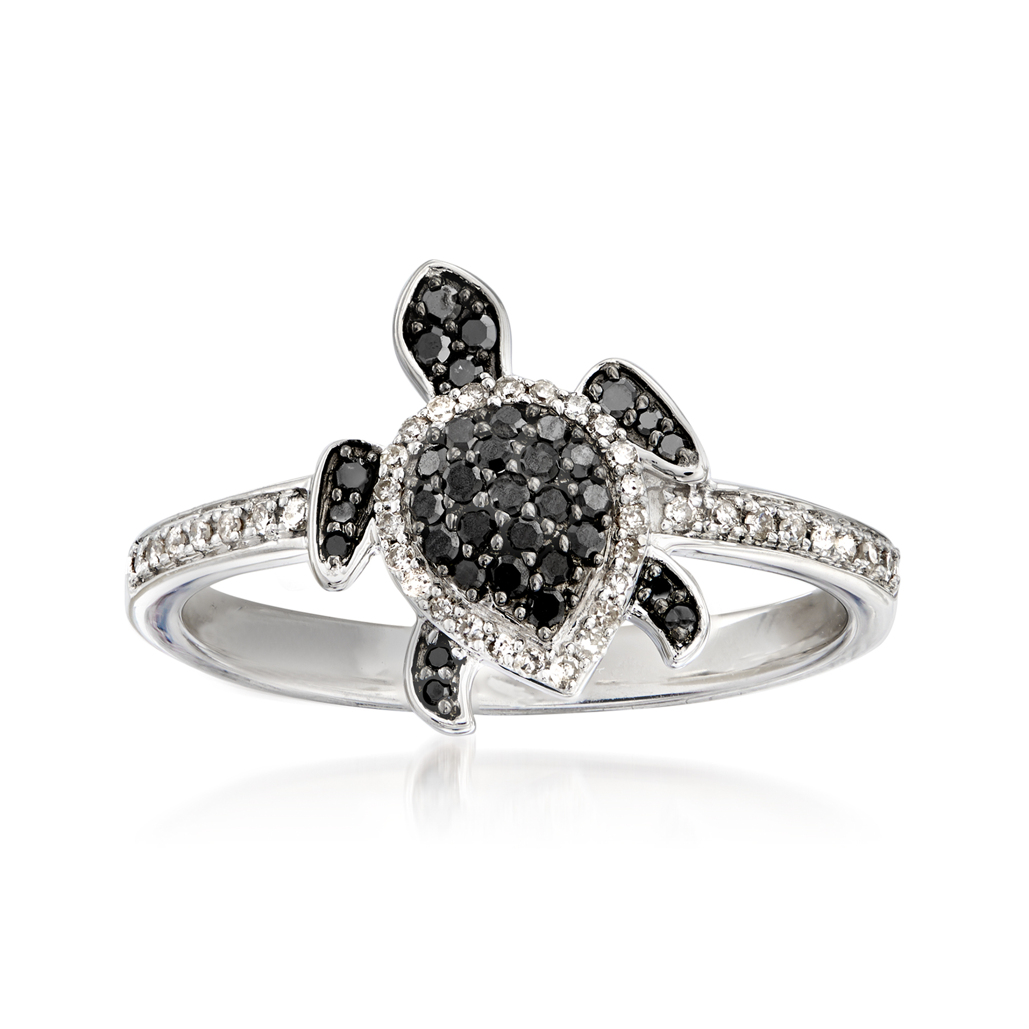 25 ct. t.w. Black and White Diamond Turtle Ring in Sterling Silver