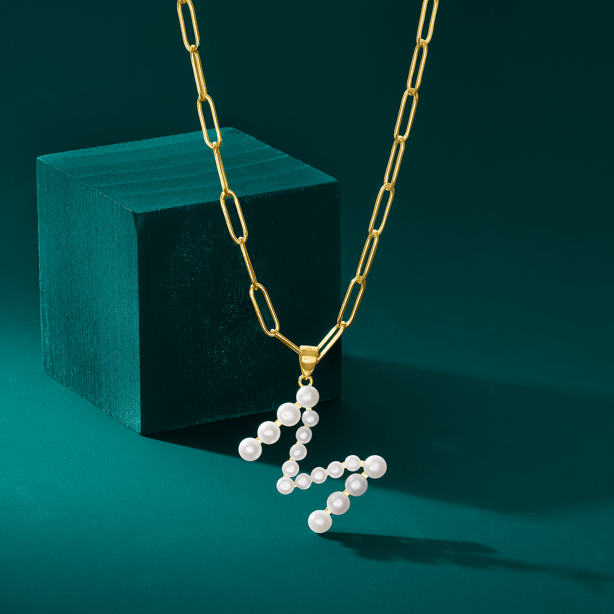 Cultured Pearl Initial Pendant Paper Clip Link Necklace in