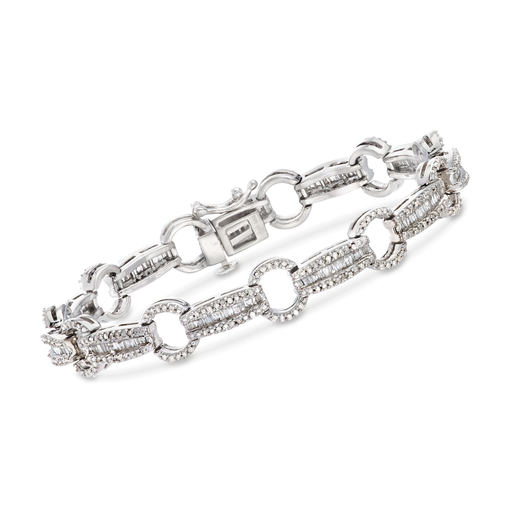 1.50 ct. t.w. Baguette and Round Diamond Link Bracelet in Sterling