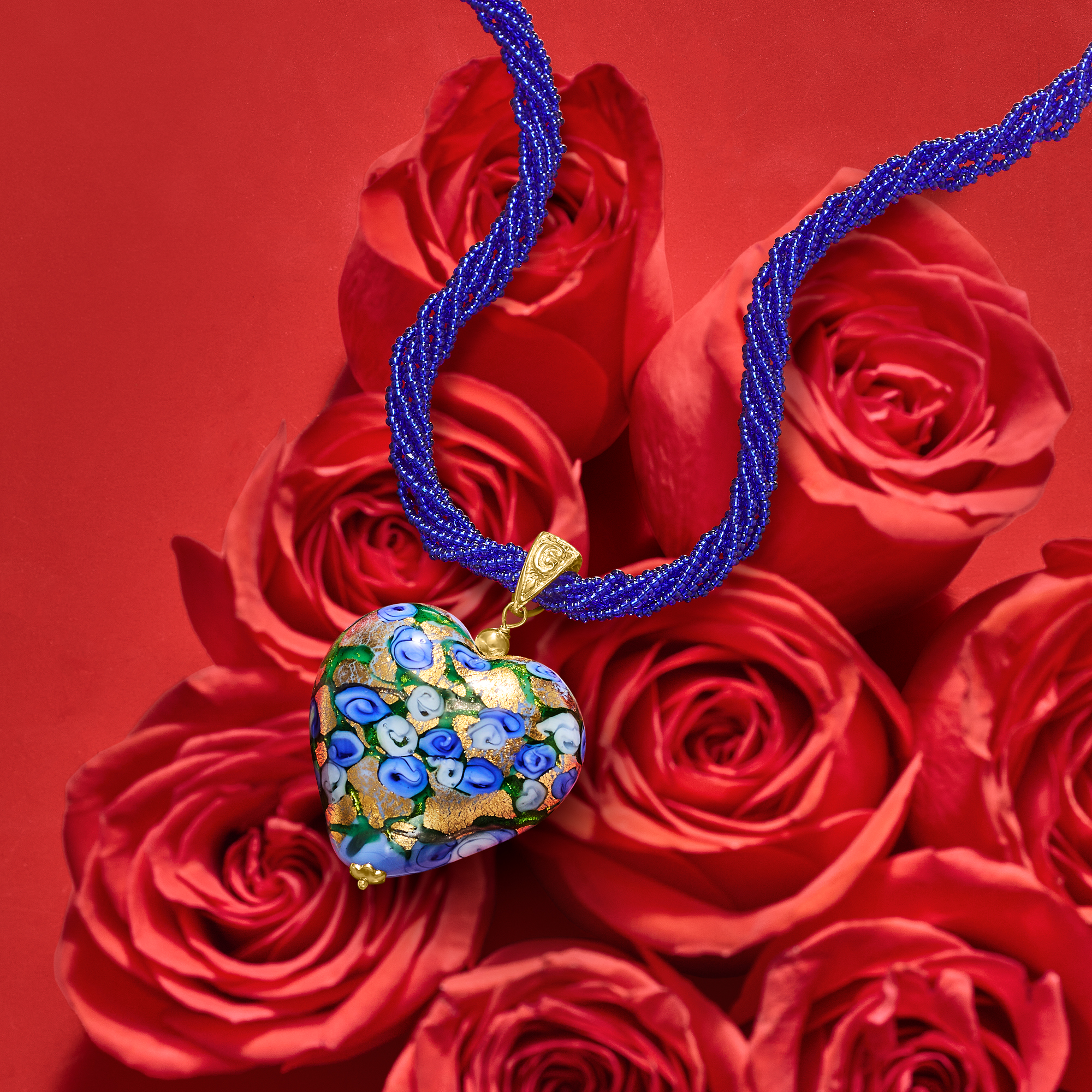 ネックレス・ペンダント [Rita monica] Double Nuovo Heart Necklace Italian Multicolored Murano Heart Pendant Necklace in 18kt