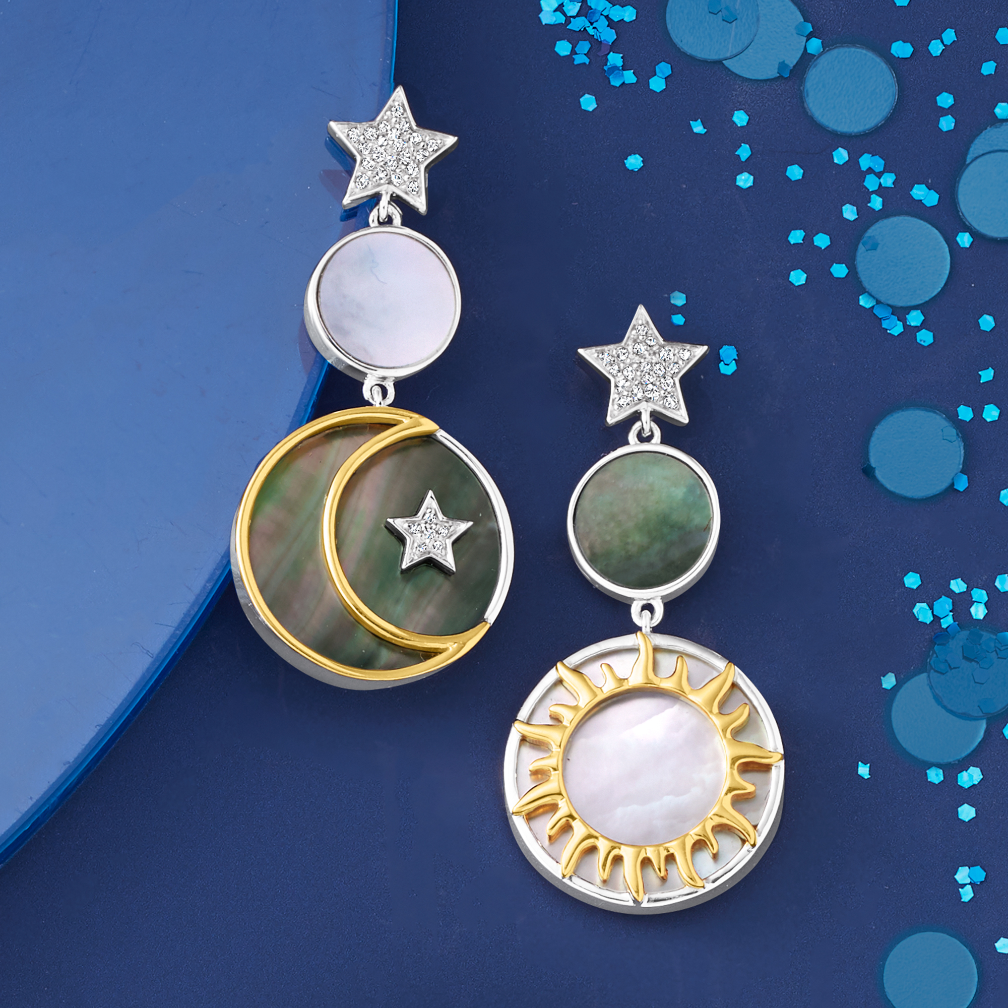 Black and White Mother-Of-Pearl Star, Sun and Moon Drop