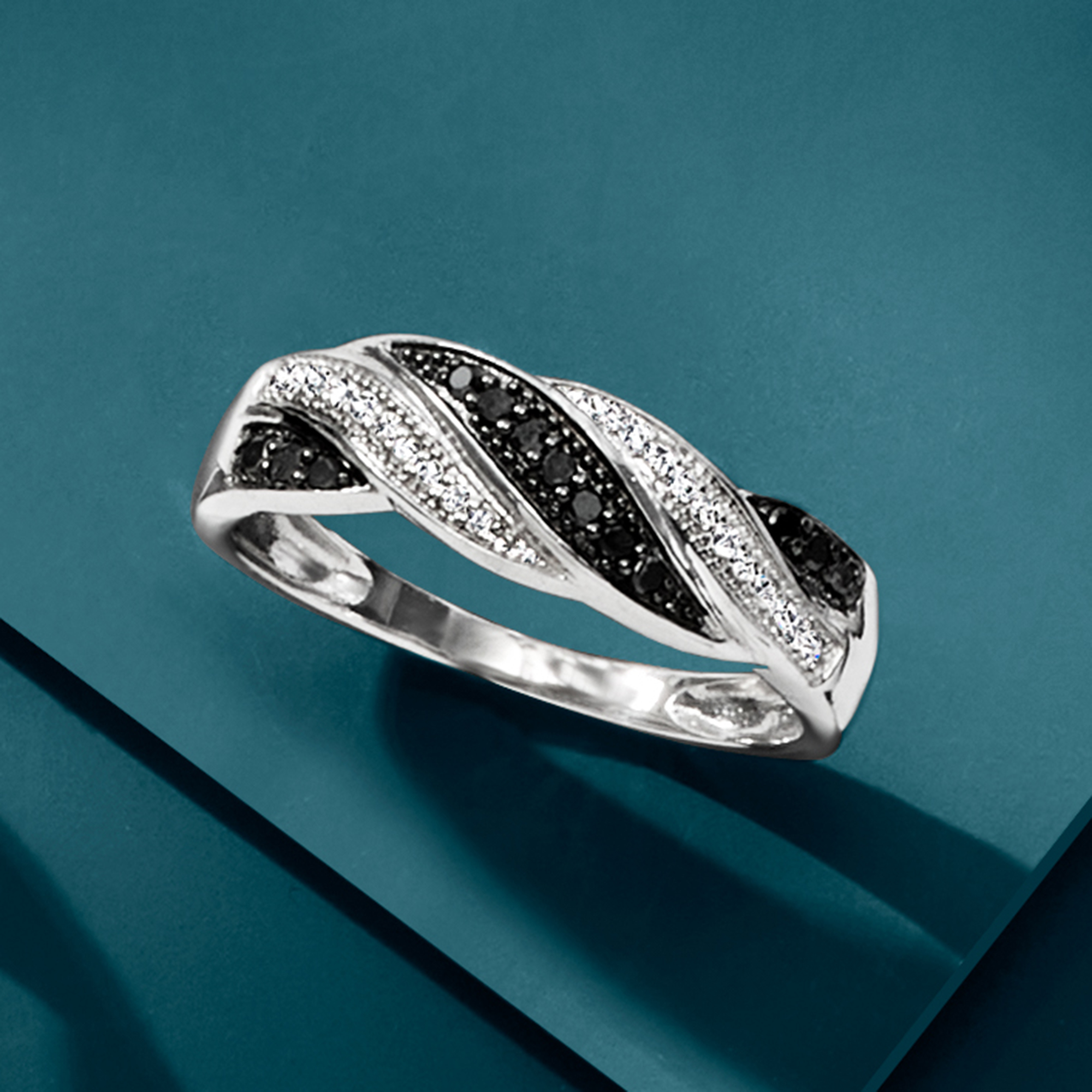 15 ct. t.w. Black and White Diamond Twisted Ring in Sterling