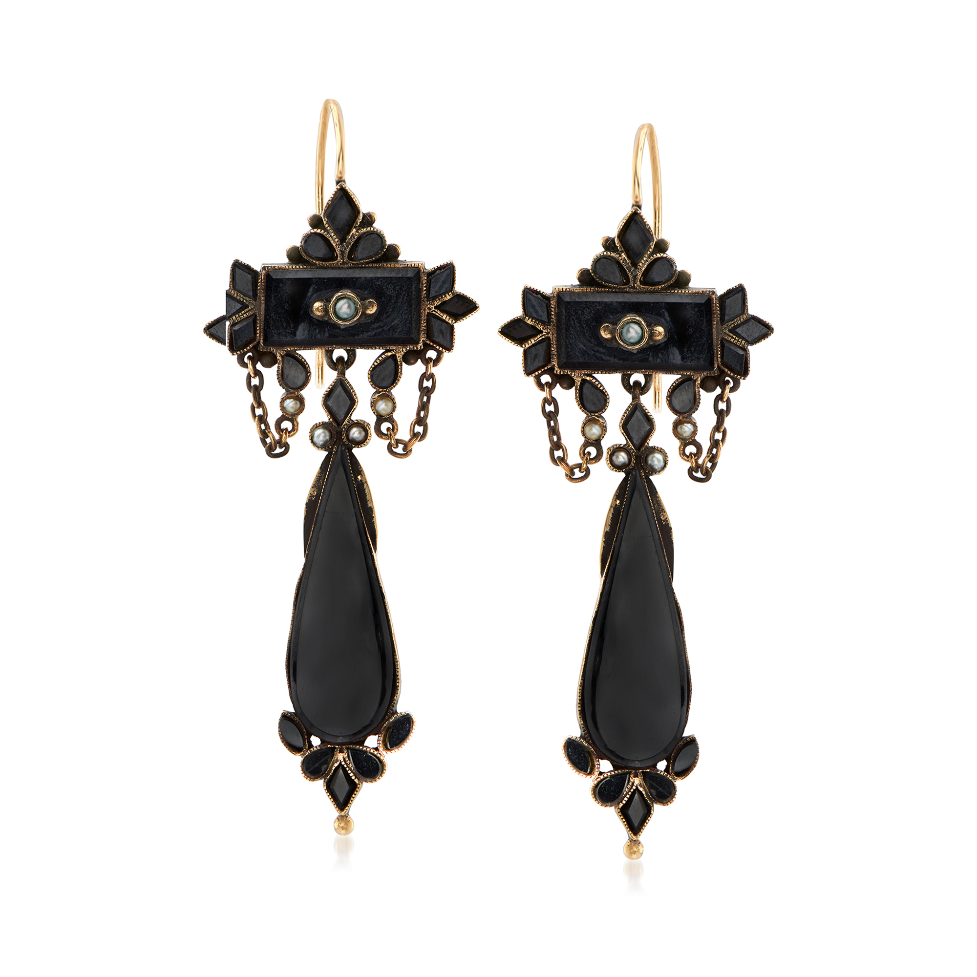 C. 1930 Vintage Black Onyx and 1-2mm Cultured Pearl Drop Earrings