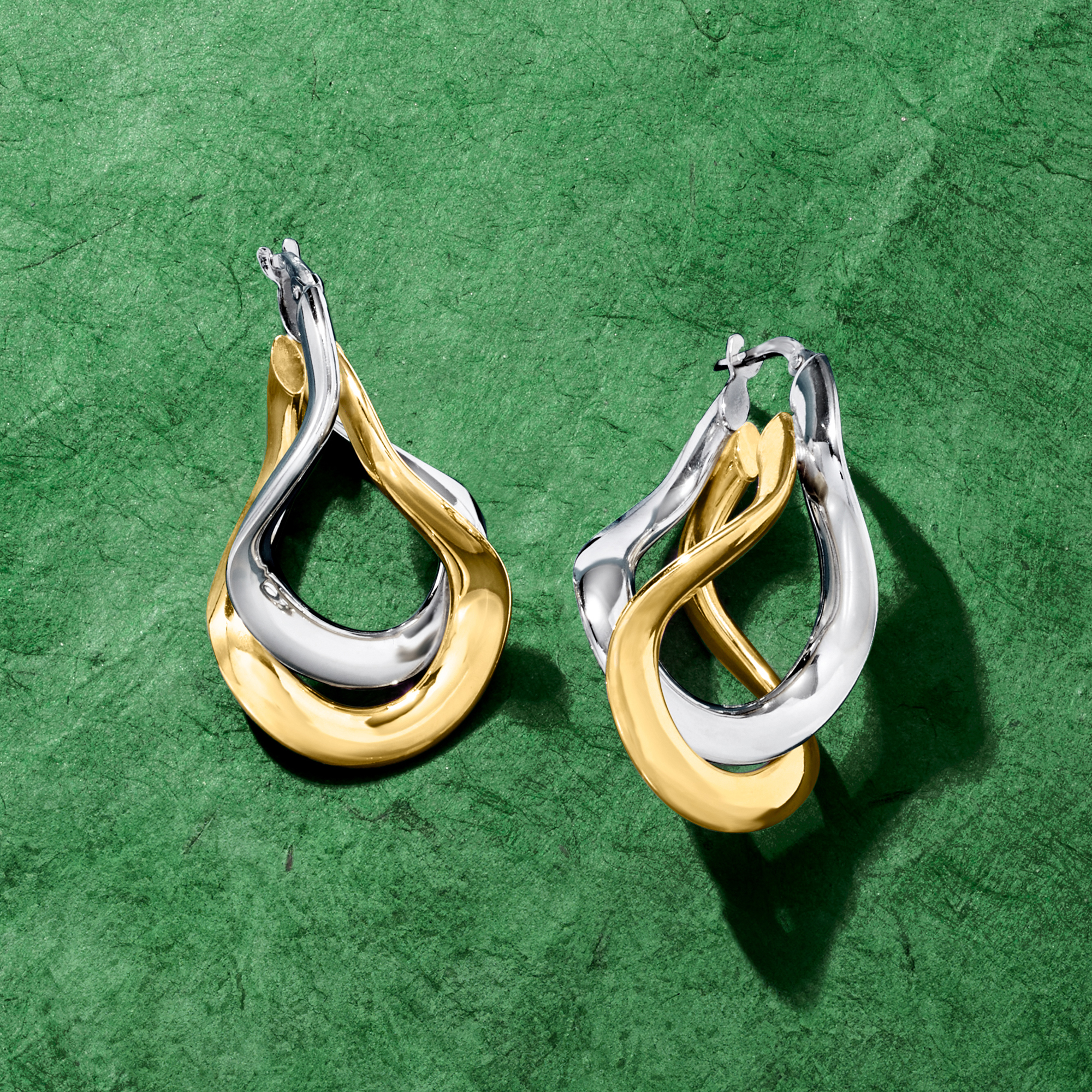 Italian Two-Tone Sterling Silver Curved Double-Hoop Earrings. 1 1