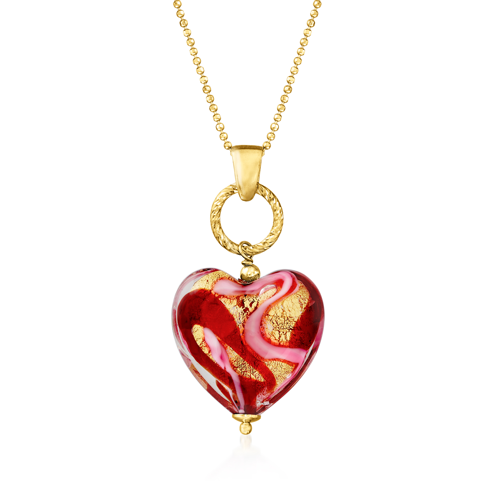 Italian Red and Pink Murano Glass Heart Pendant Necklace in 18kt 