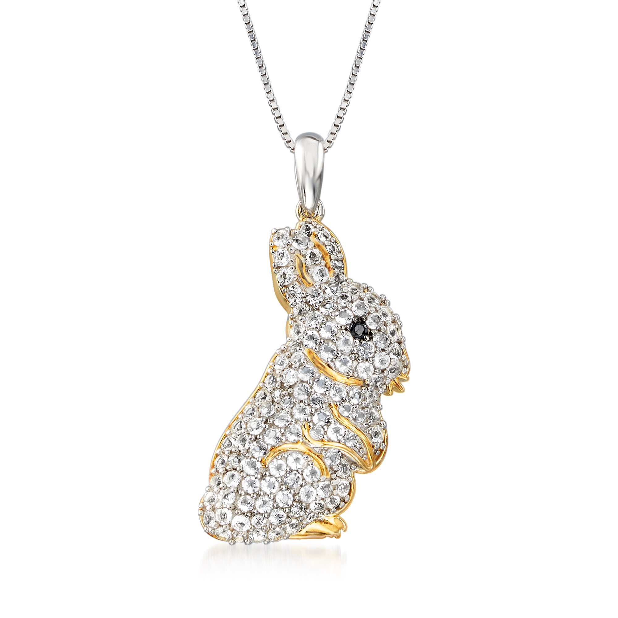 1.60 ct. t.w. White Topaz Bunny Pendant Necklace with Black Spinel Accents in Two Tone Sterling Silver. 18