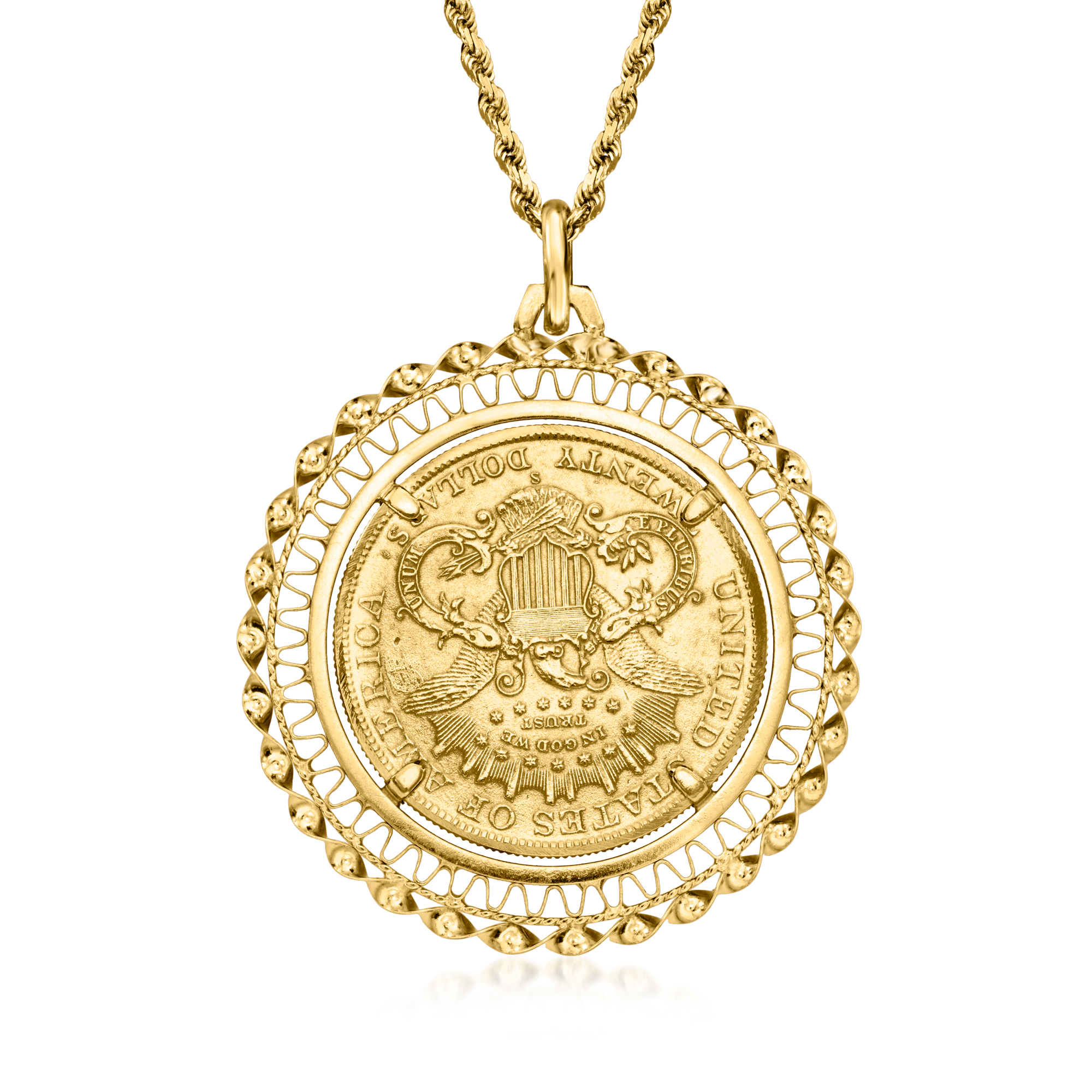 ミュージシャン GOD ONLY KNOWS COIN NECKLACE C. 1980 Vintage 18kt and 22kt Yellow Gold Twenty-Dollar Coin