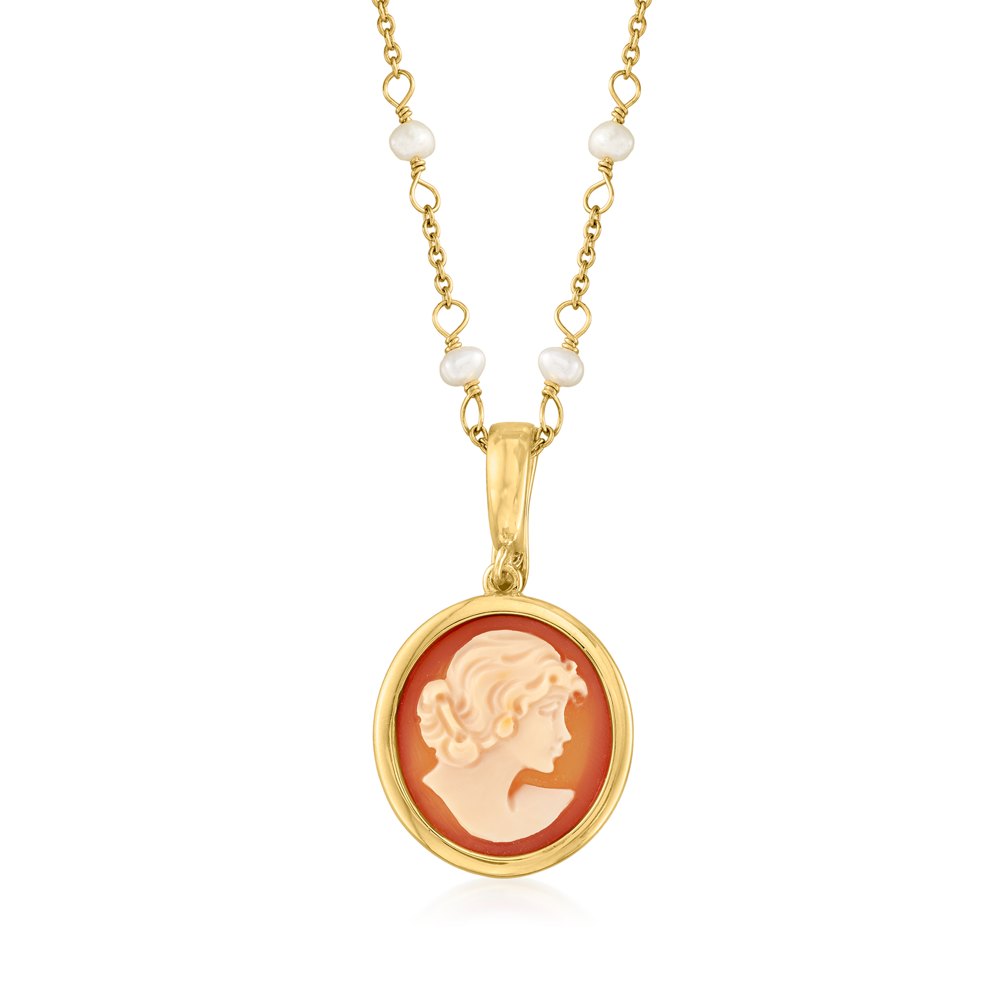 Italian Orange Shell Cameo Pendant Necklace with 3.5mm Cultured 