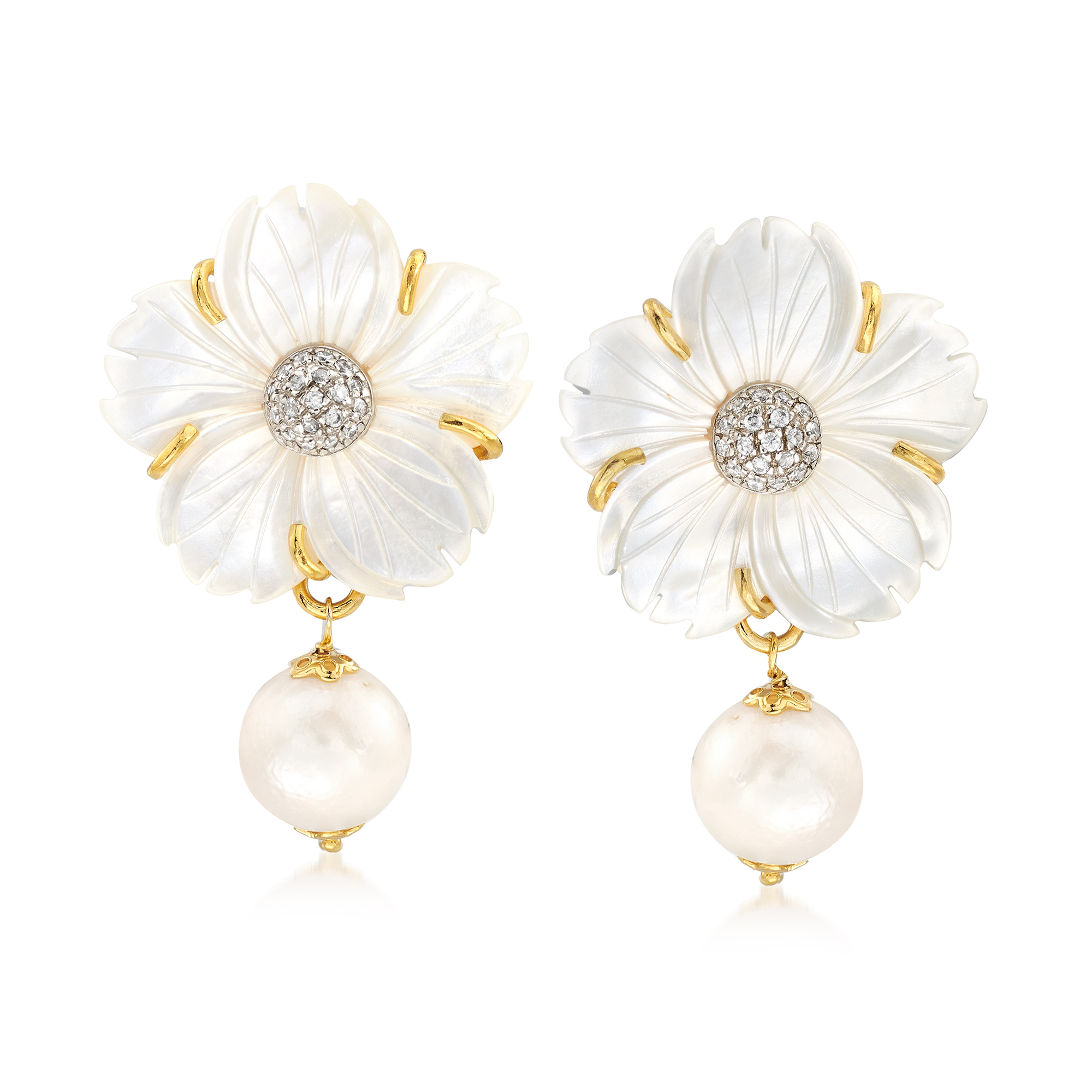 Italian Mother-of-Pearl and 12mm Cultured Pearl Flower Drop