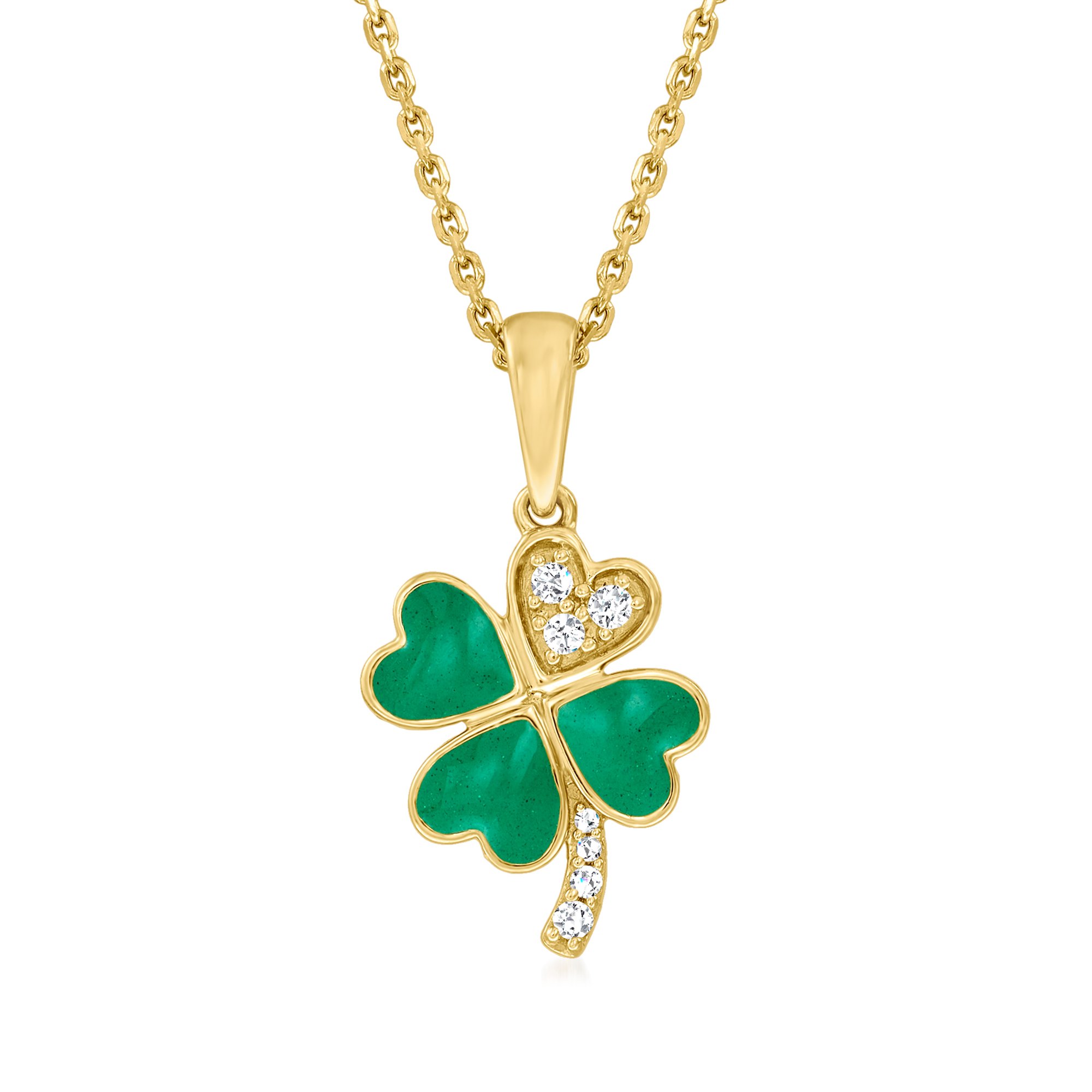 Green Enamel FourLeaf Clover Pendant Necklace with Diamond Accents in 18kt Gold Over Sterling