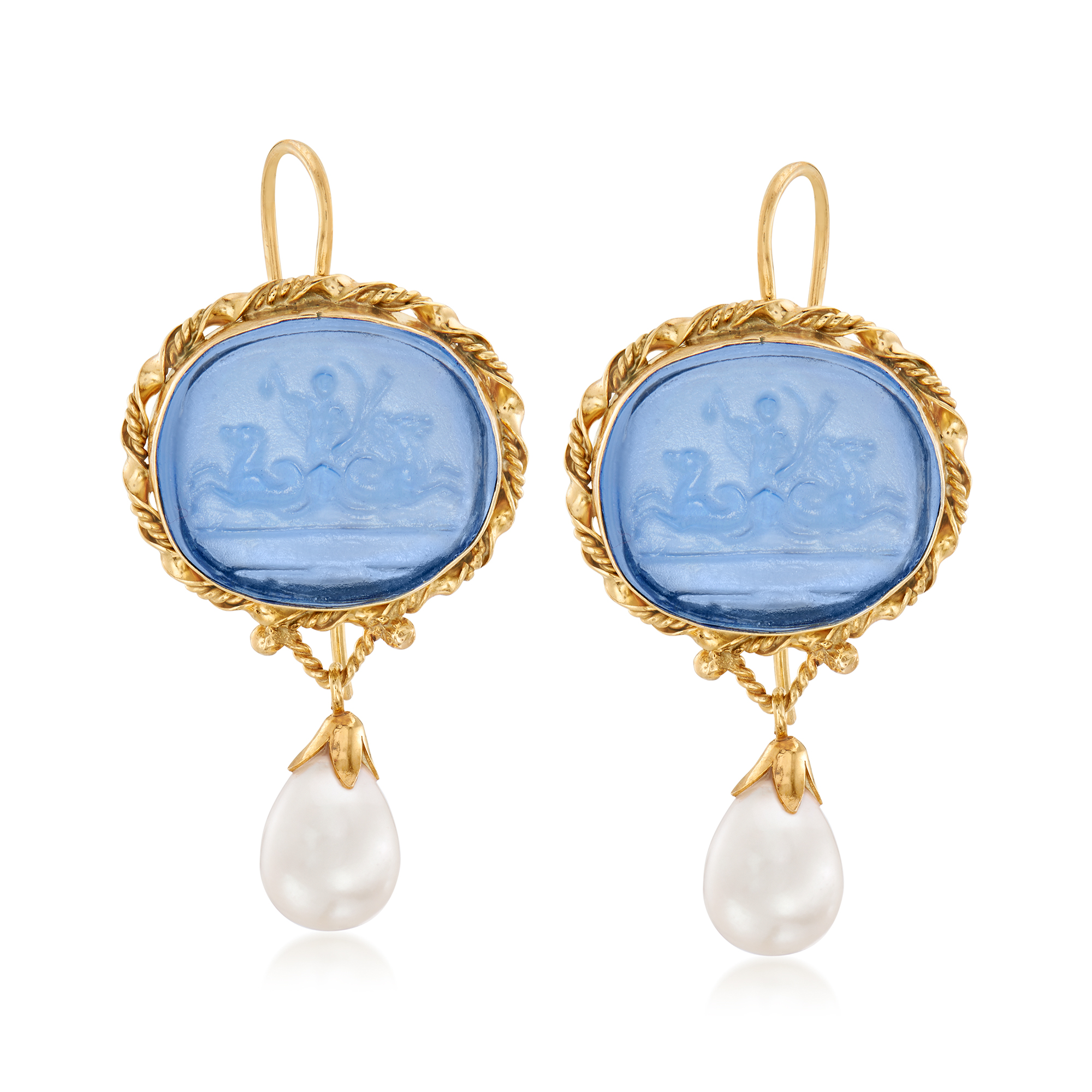 Italian Cultured Pearl and Blue Venetian Glass Intaglio Drop 