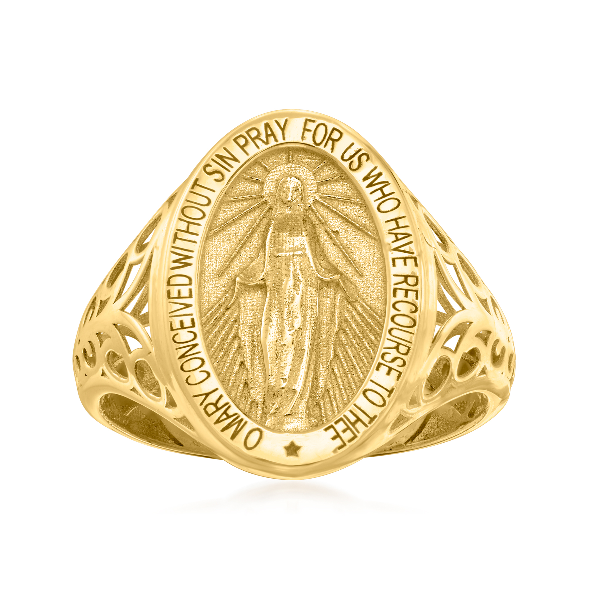 Italian 14kt Yellow Gold Miraculous Medal Signet Ring | Ross Simons
