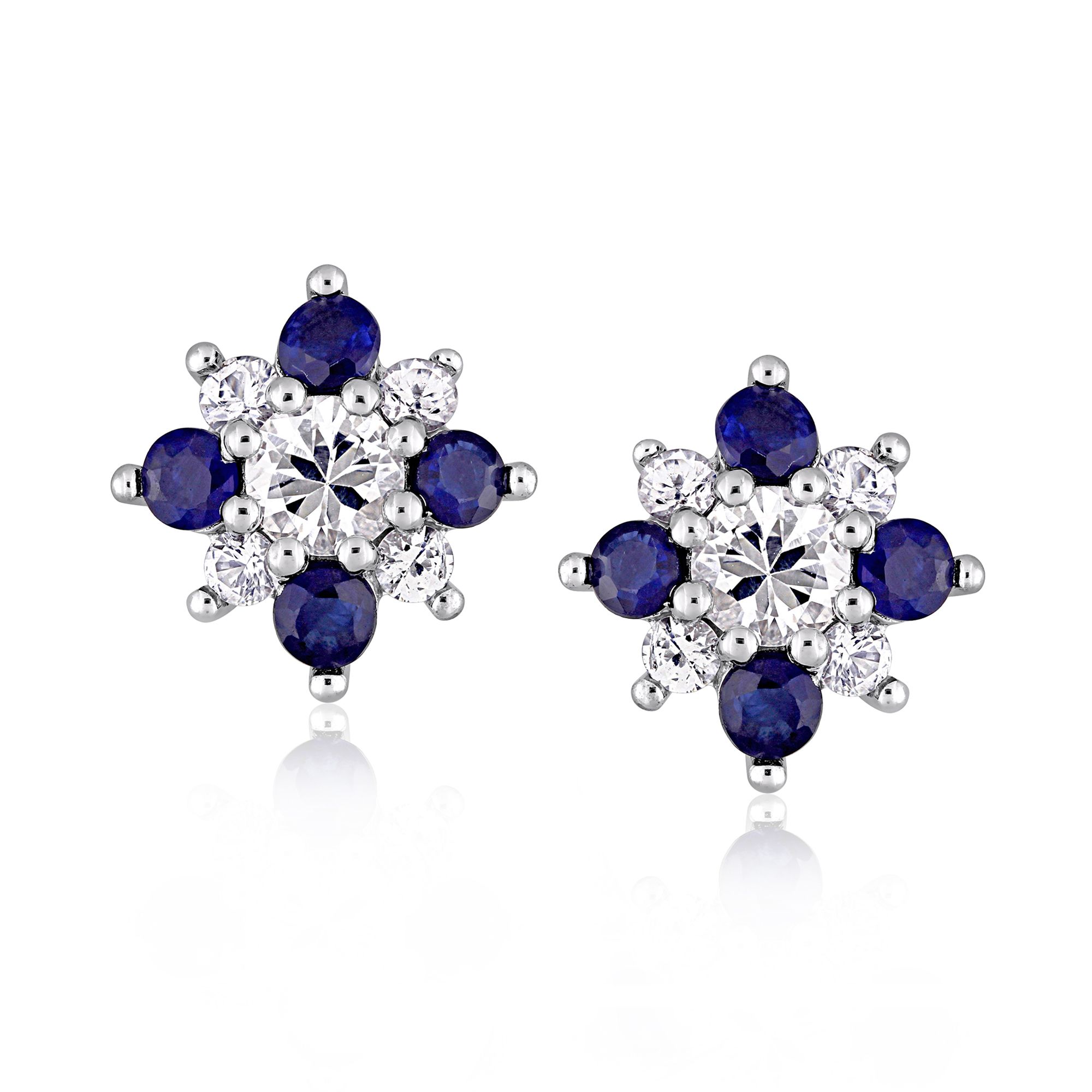 1.50 ct. t.w. White and Blue Sapphire Flower Earrings in 14kt