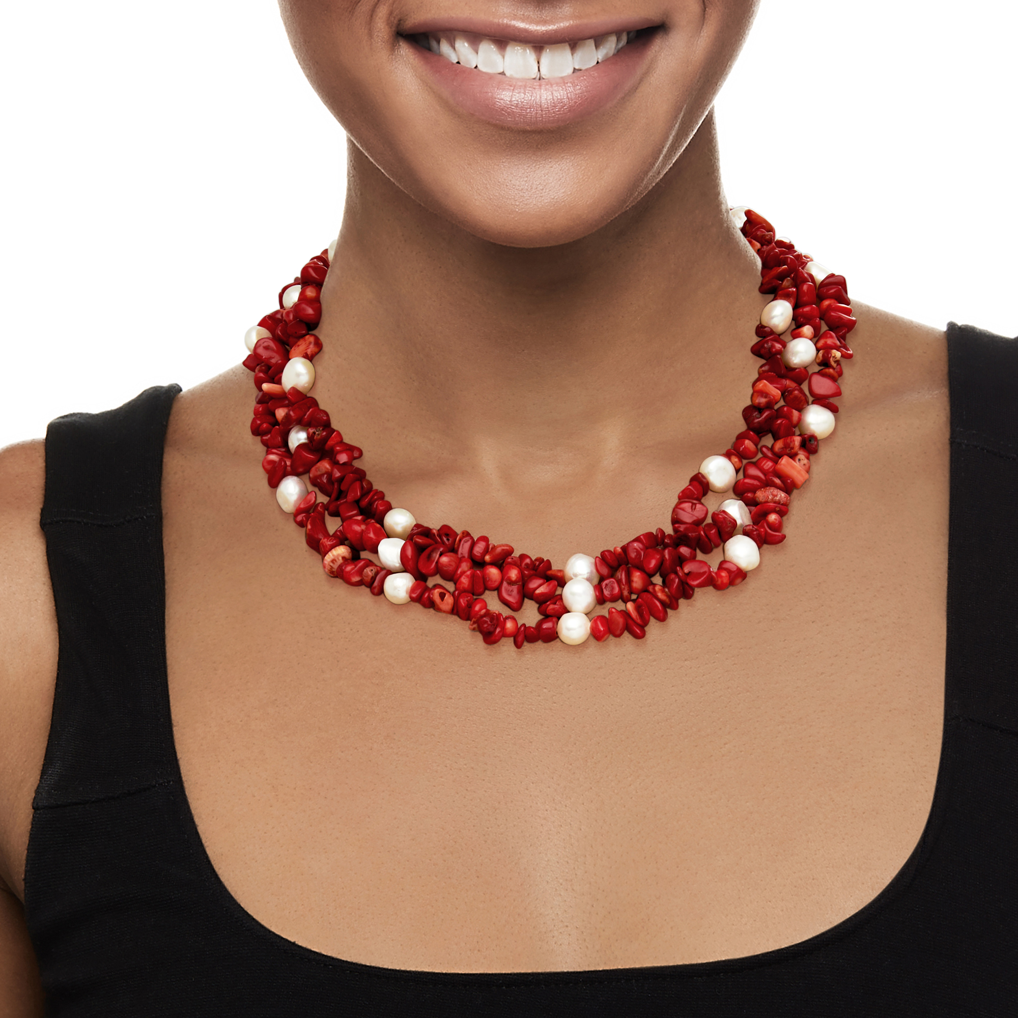 4-9mm Red Coral Bead and 7-8mm Cultured Pearl Three-Strand
