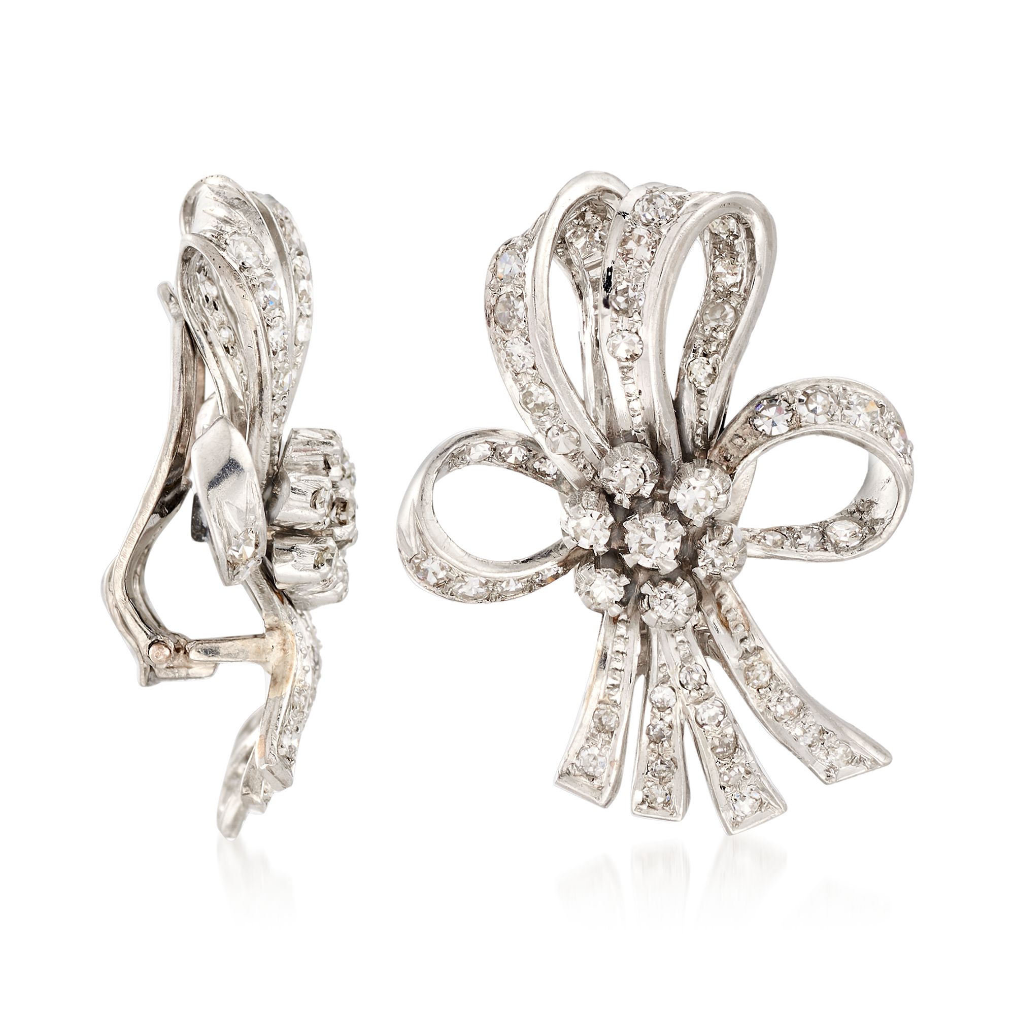 ★VINTAGE HOLLYWOOD★ [Exclusive]White Blossom Ribbon Earrin White Gold Diamond Bow Tie Earrings 1/7 CTW | Dunkin's Diamonds