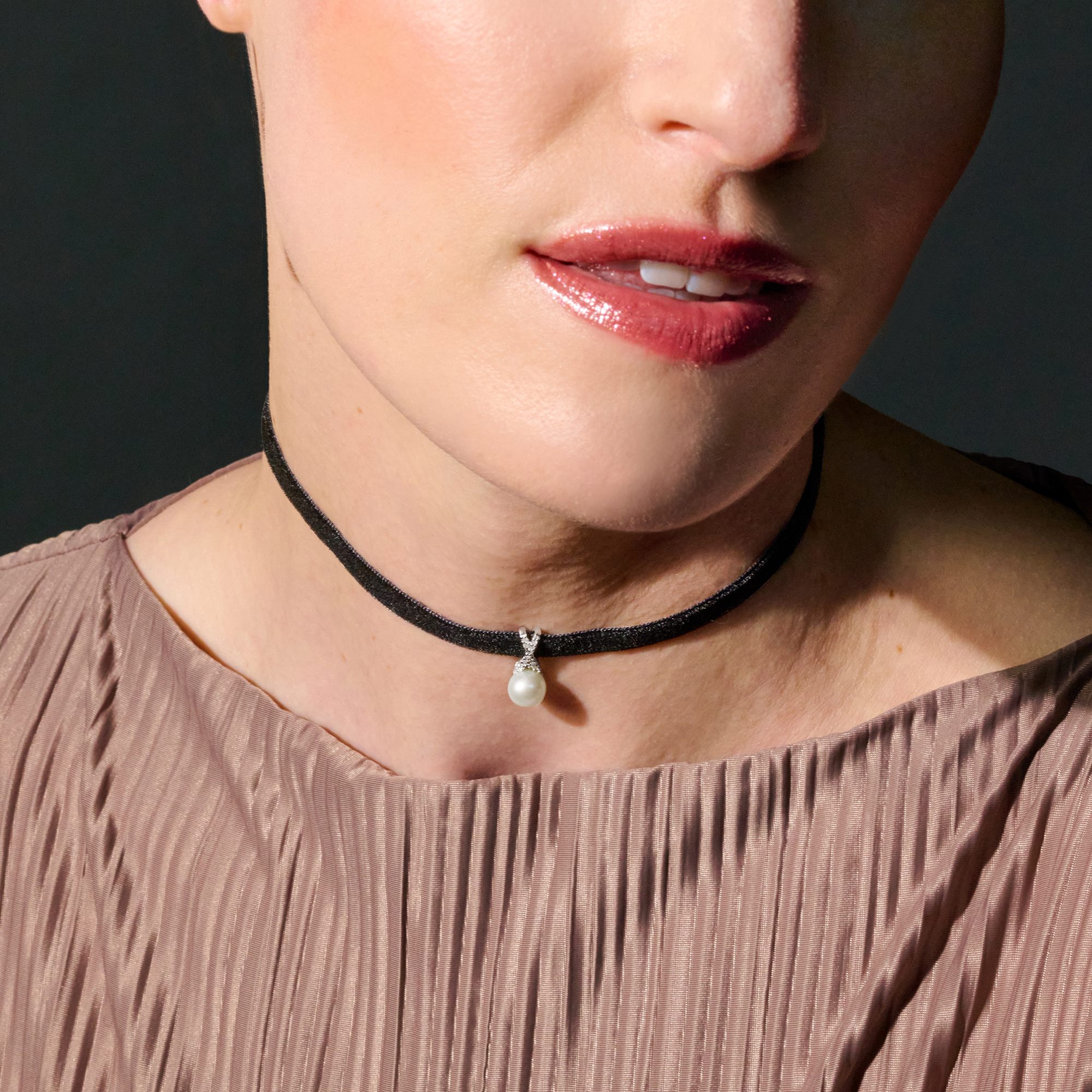 7-7.5mm Cultured Pearl and Diamond Pendant Choker Necklace