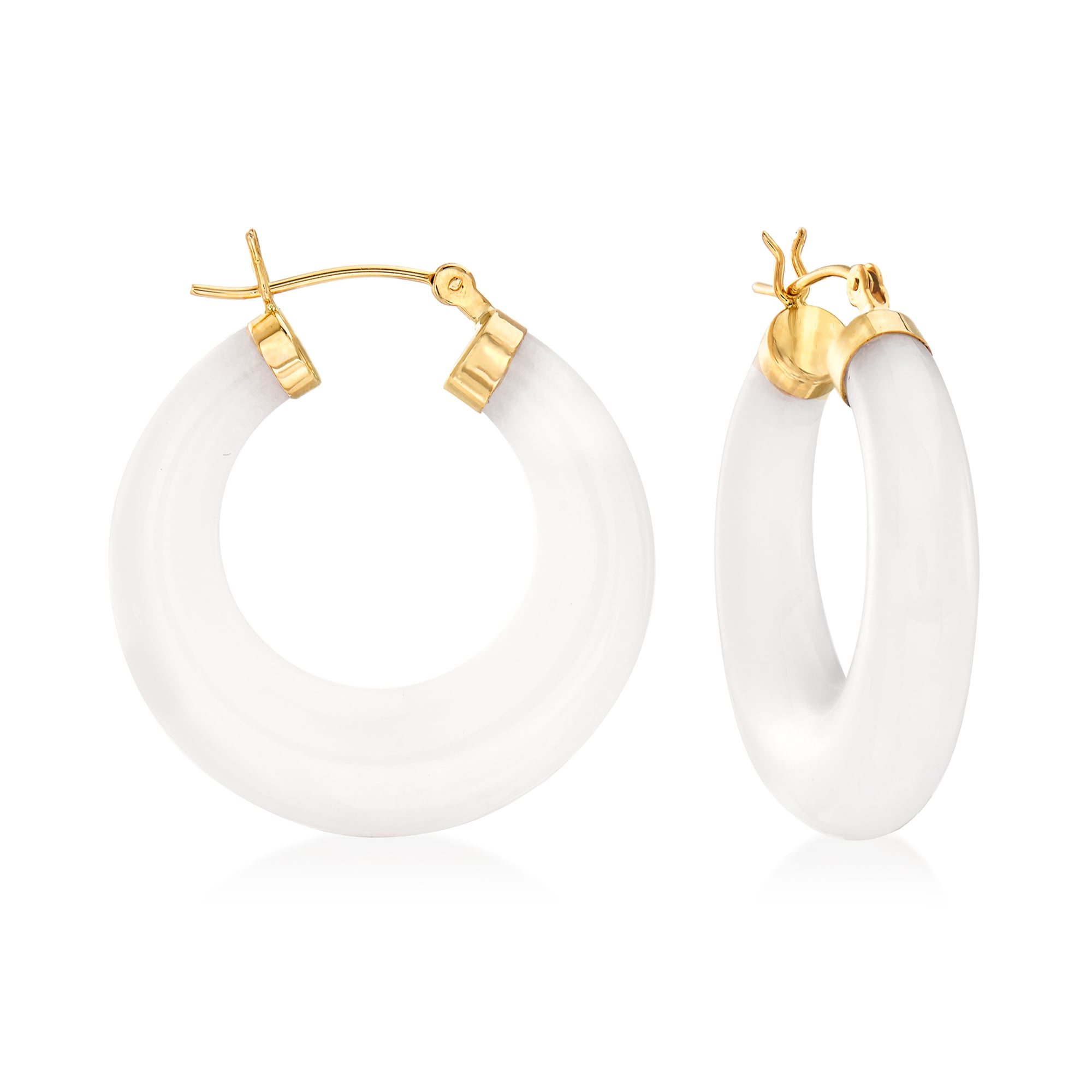 White Kunlun Jade Hoop Earrings in 14kt Yellow Gold. 1 1/8&quot