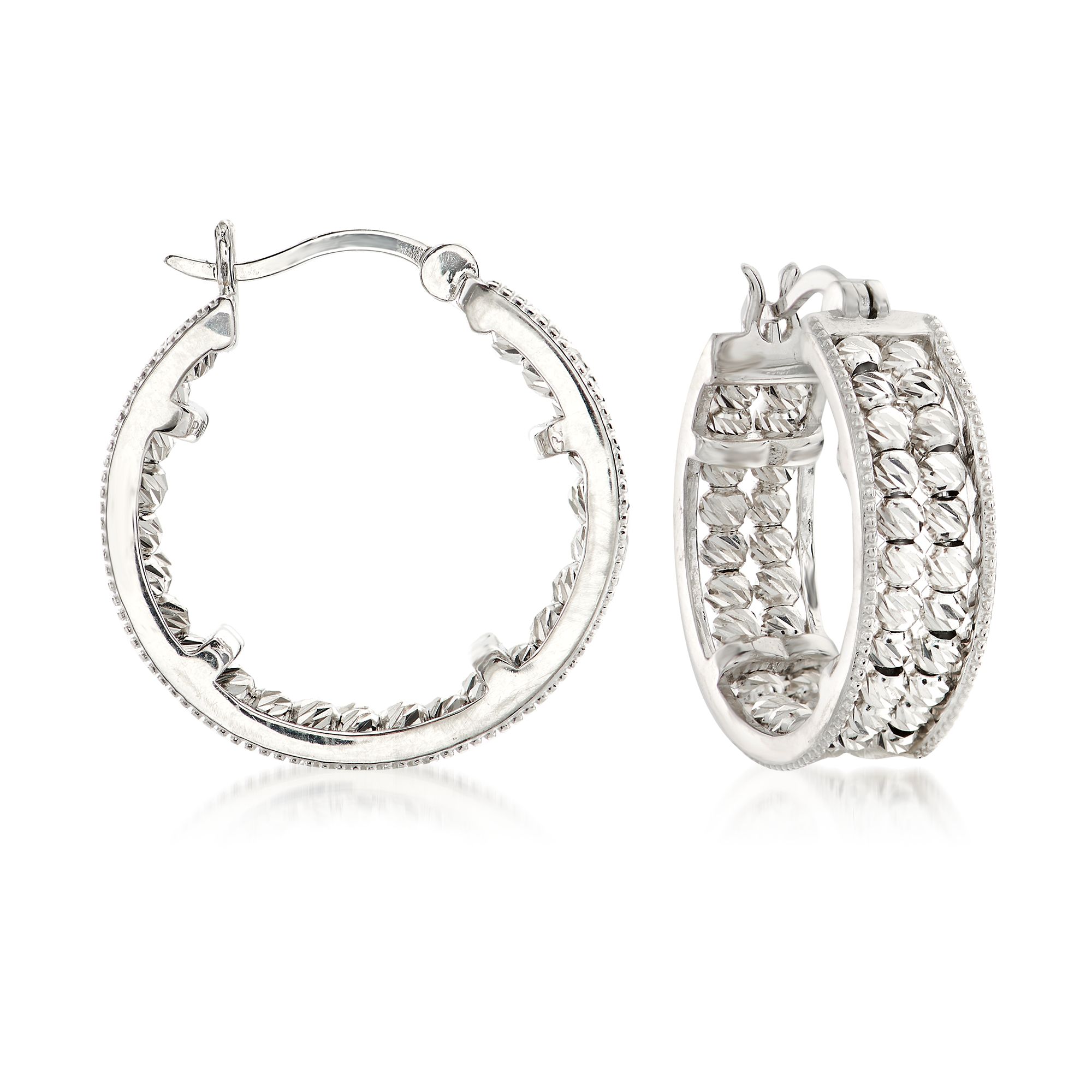 spiralclover DIAMOND パイソン Sterling Silver Diamond-Cut Beaded Hoop Earrings