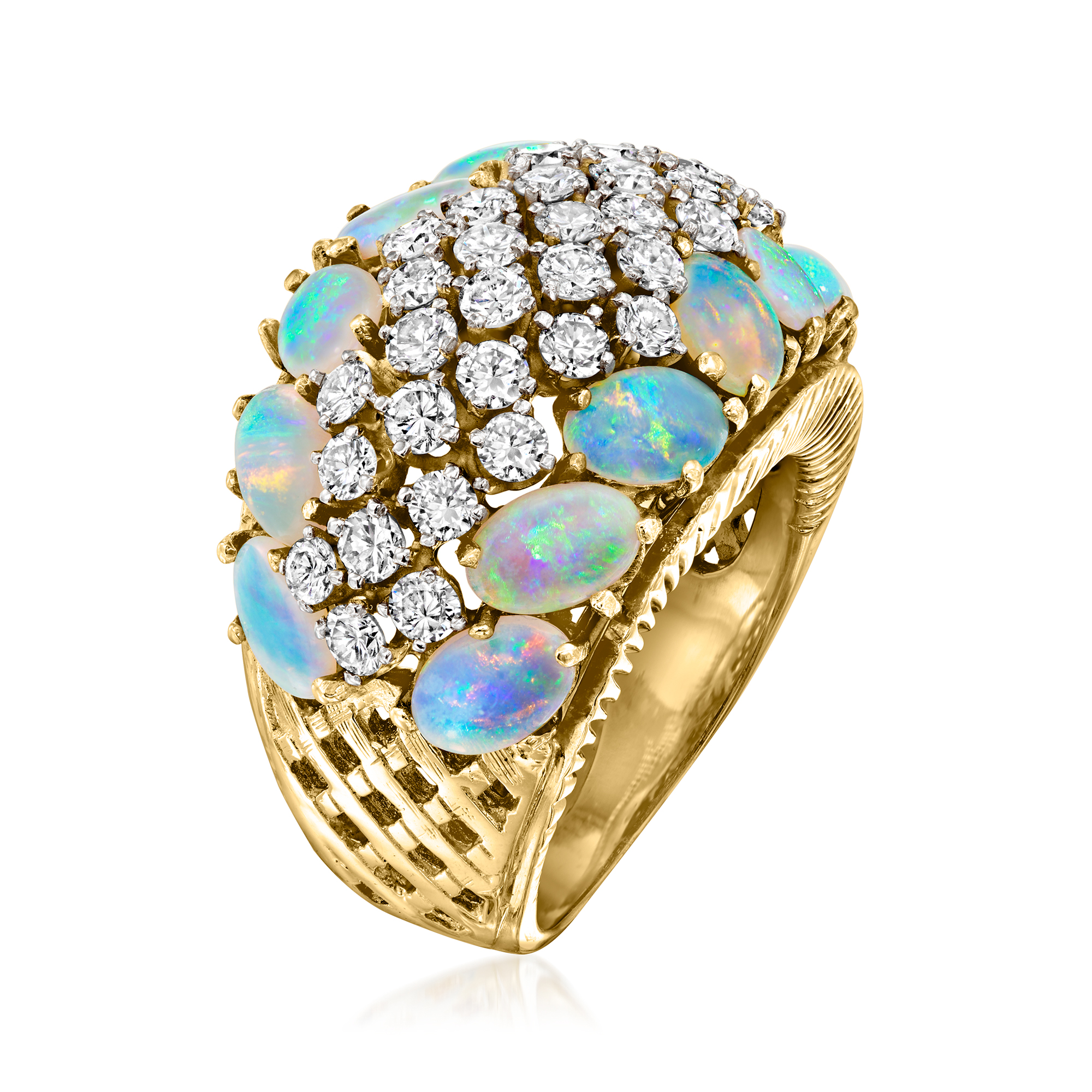 C. 1980 Vintage Opal and 2.25 ct. t.w. Diamond Basketweave Ring in