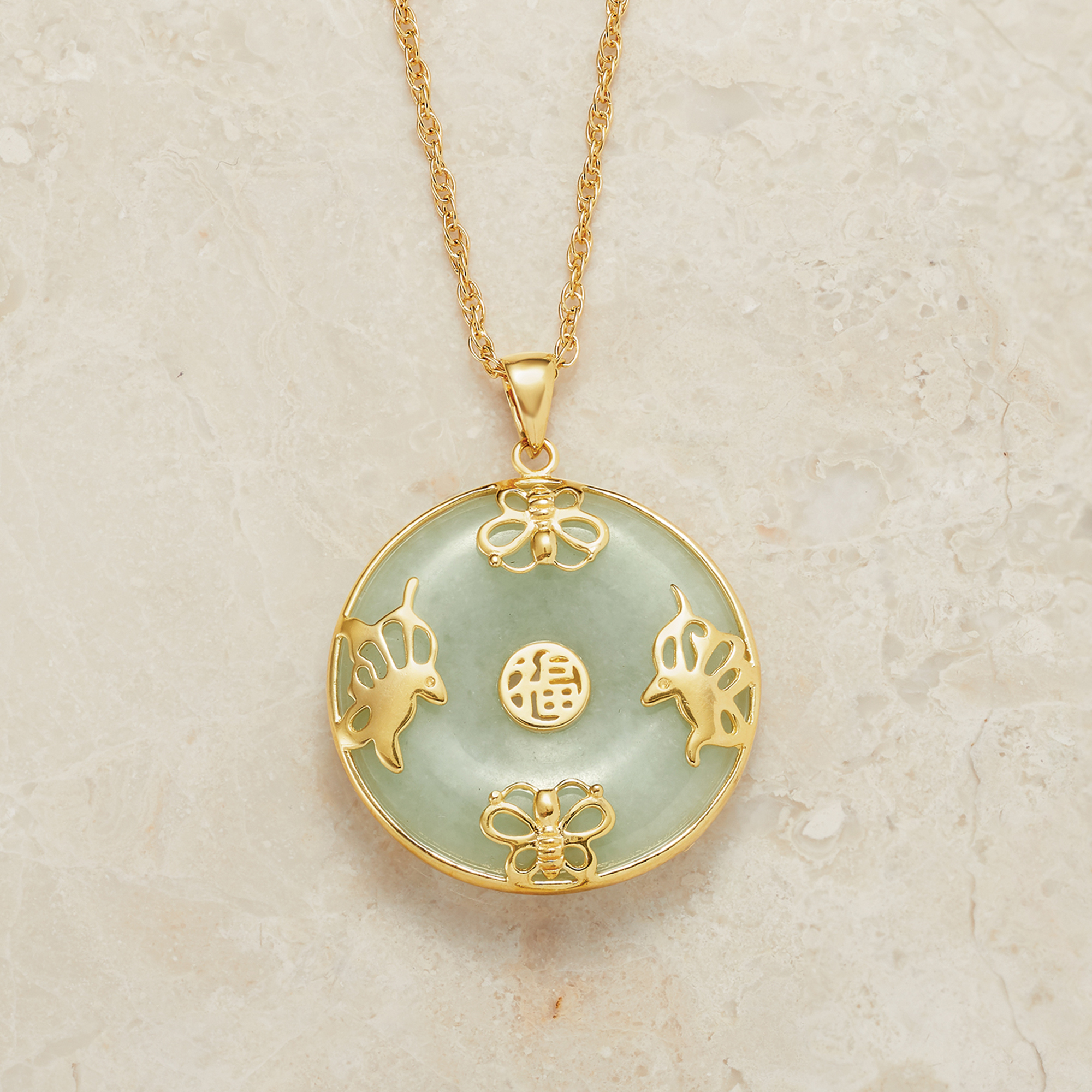 Jade "Good Fortune" Butterfly Pendant Necklace in 18kt Gold Over