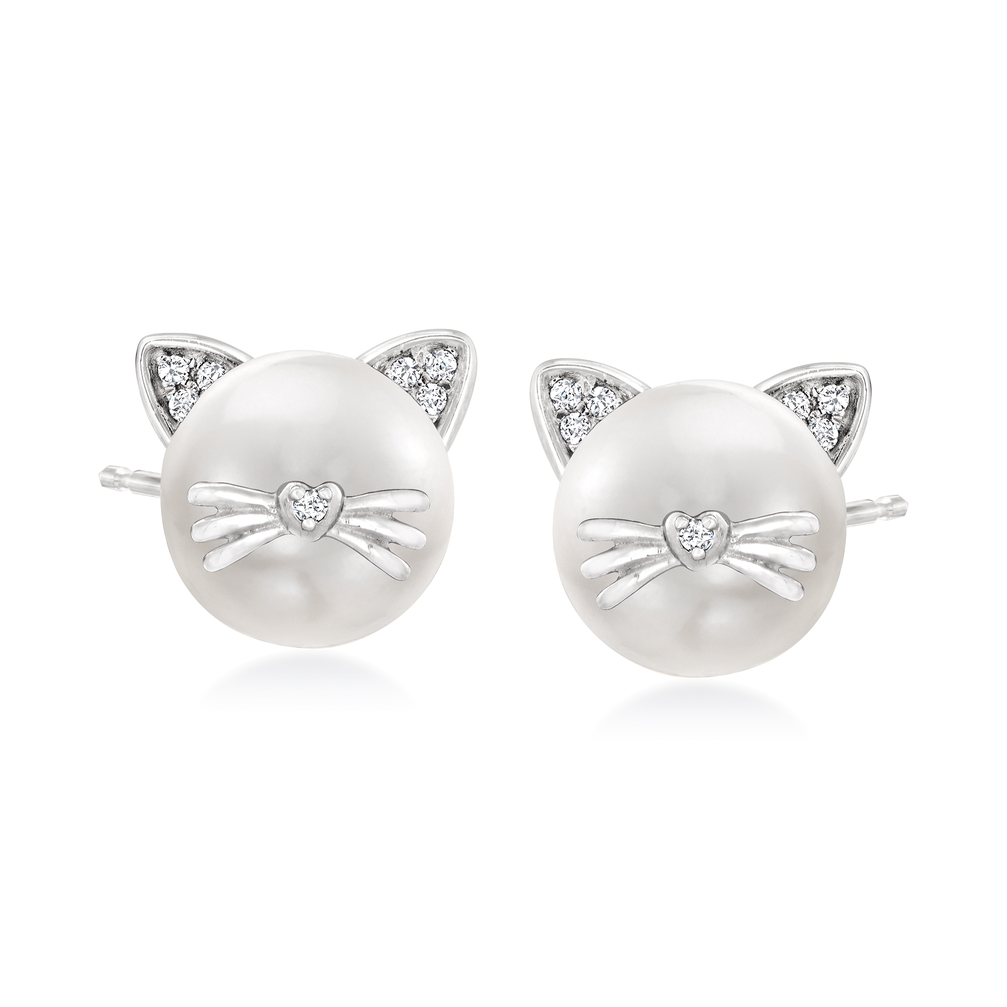 8-8.5mm Cultured Pearl Cat Earrings with Diamond Accents in 