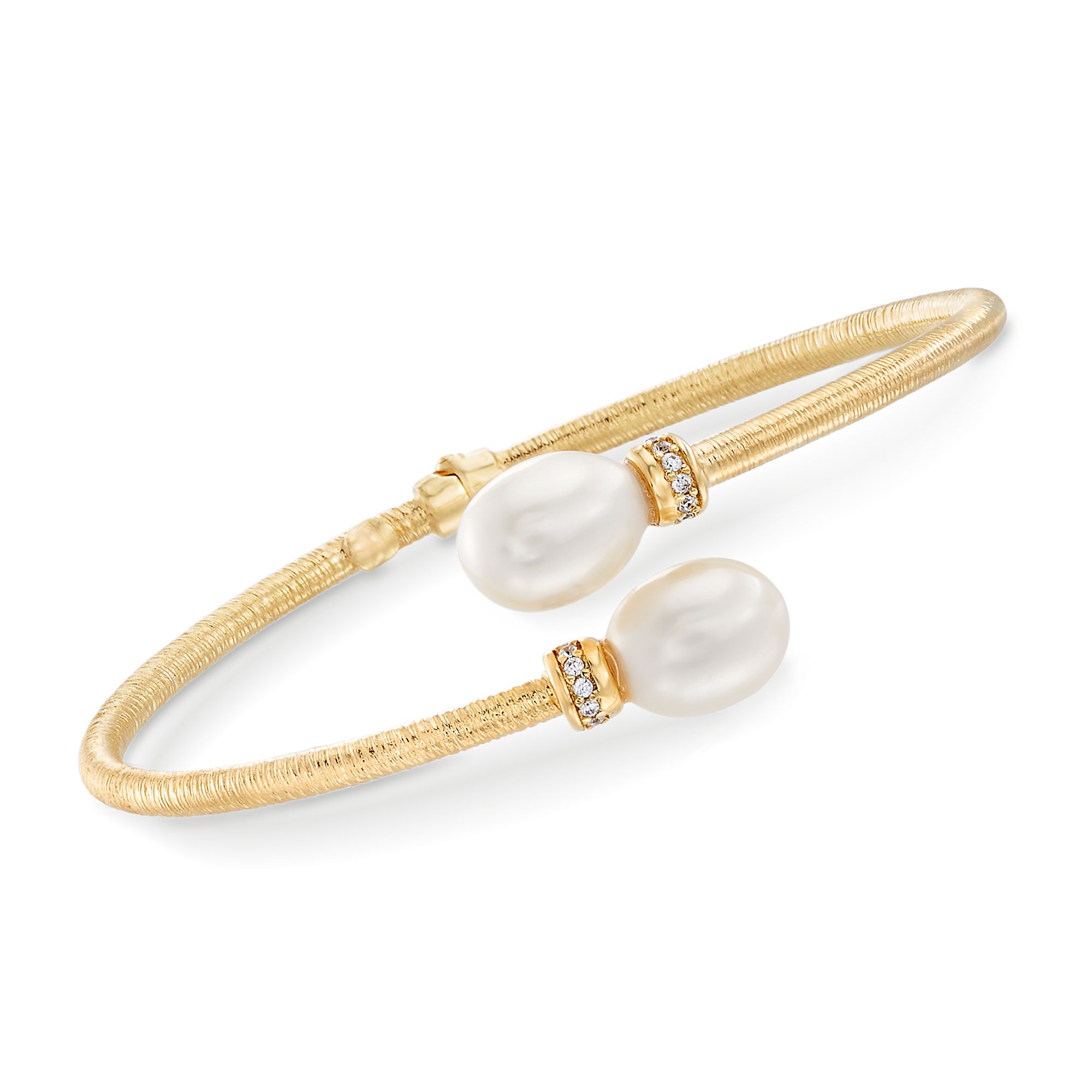 Italian 9-9.5mm Cultured Pearl and .10 ct. t.w. CZ Bangle