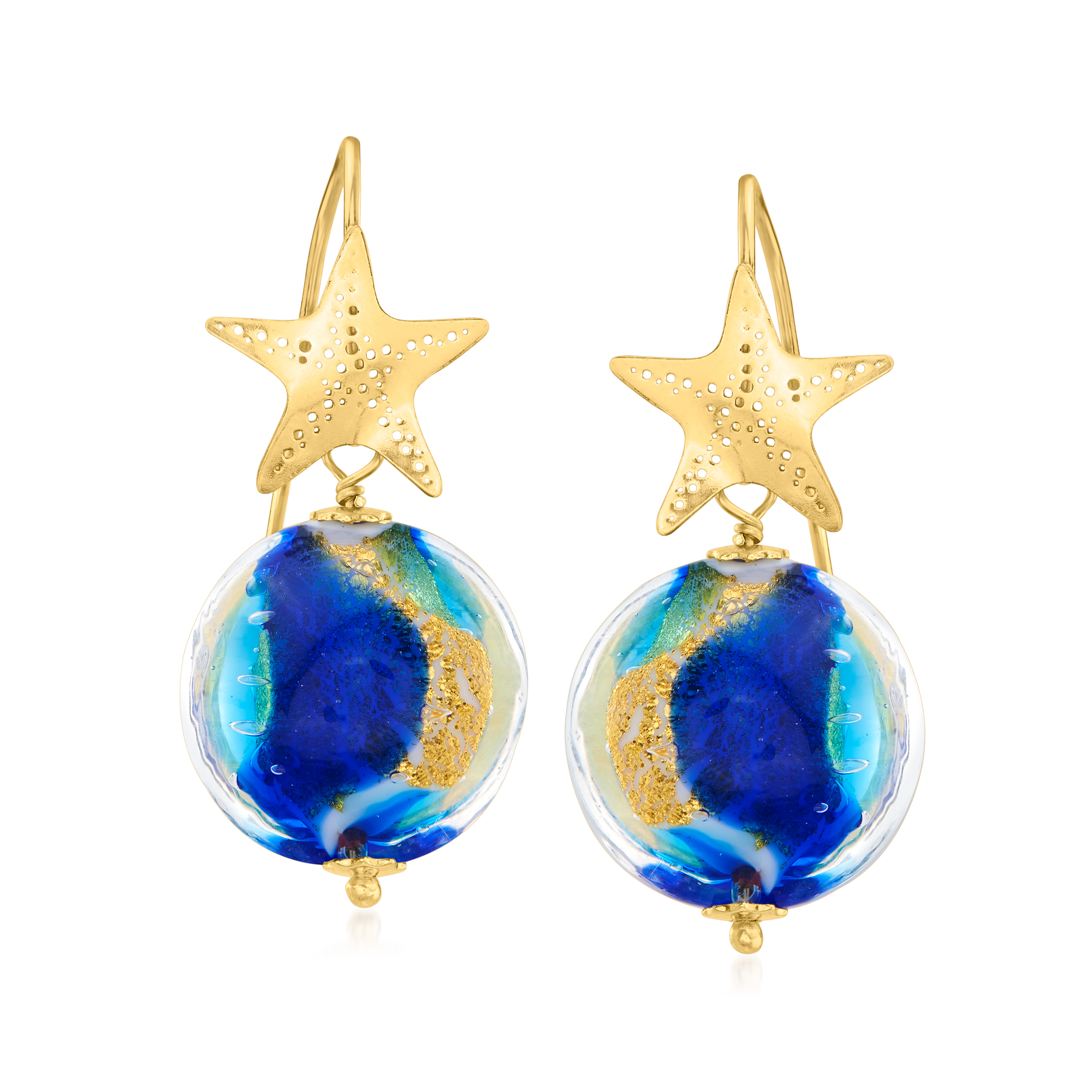 Italian Murano Glass Drop Earrings with Stars in 18kt Gold Over 