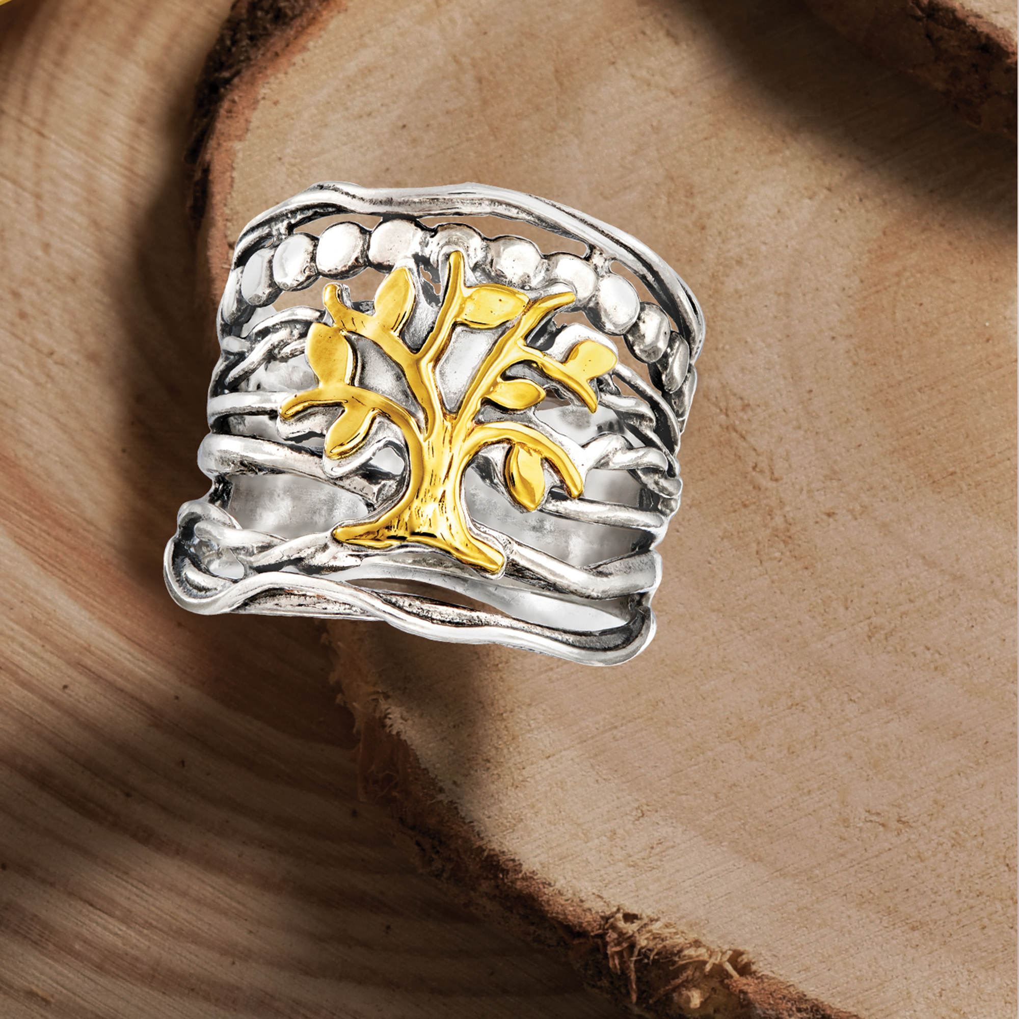 Sterling Silver and 14kt Yellow Gold Multi-Row Tree of Life Ring