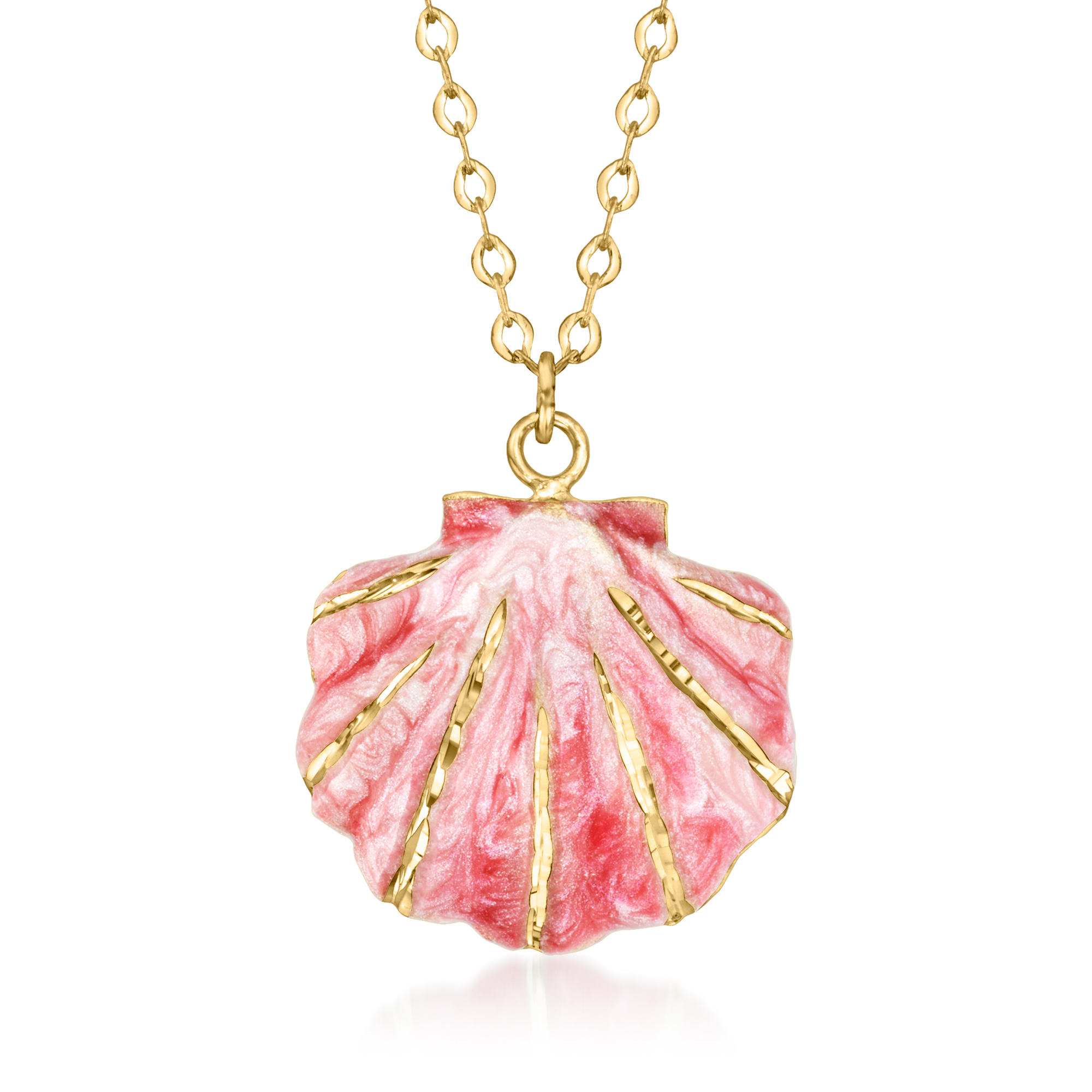 Italian Pink and White Enamel Seashell Necklace in 14kt Yellow