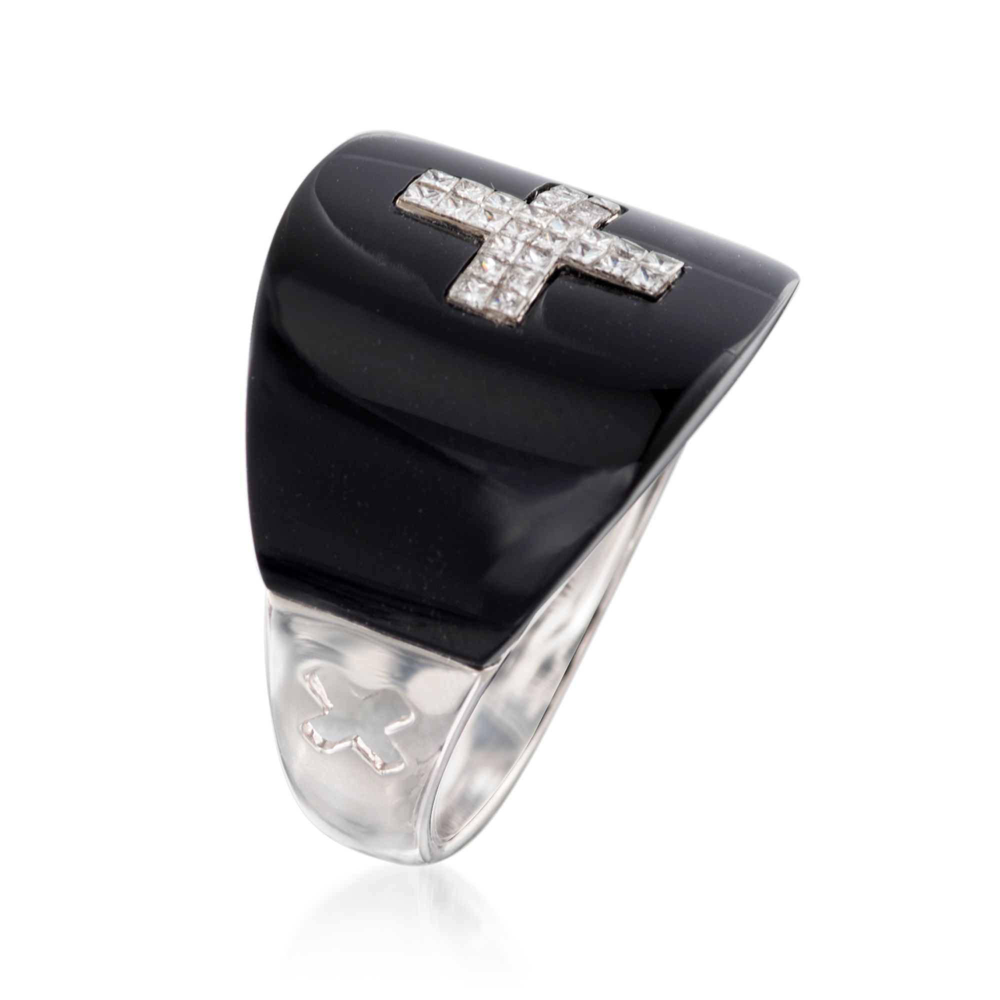 Black Onyx and .25 ct. t.w. Diamond Cross Ring in 18kt White