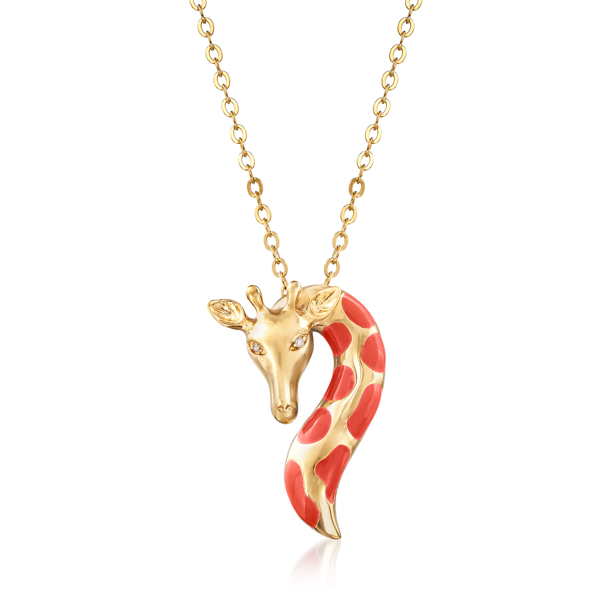 Orange Enamel Giraffe Pendant Necklace with Diamond Accents in 