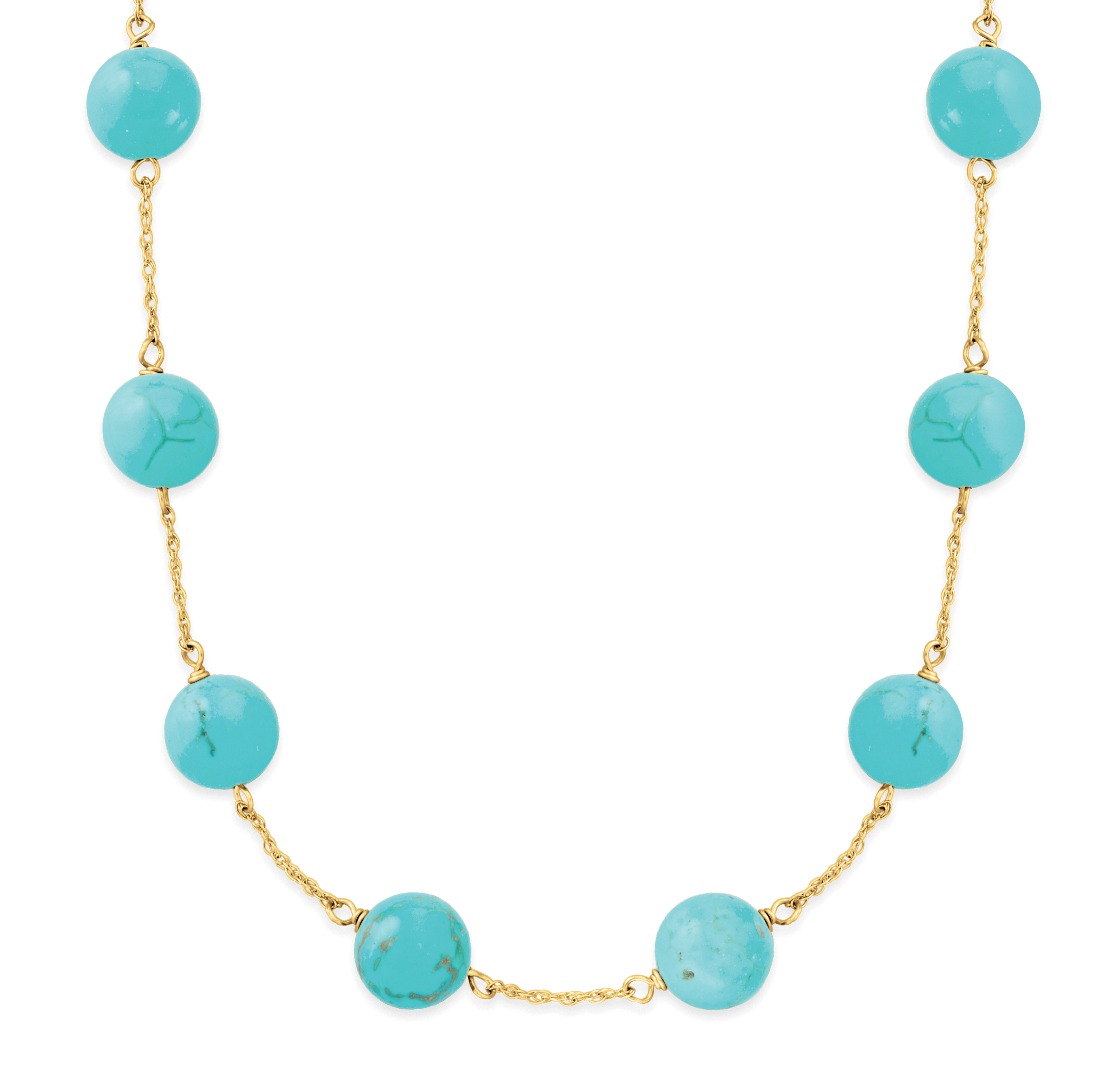 8mm Turquoise Bead Station Necklace in 14kt Yellow Gold. 18&quot
