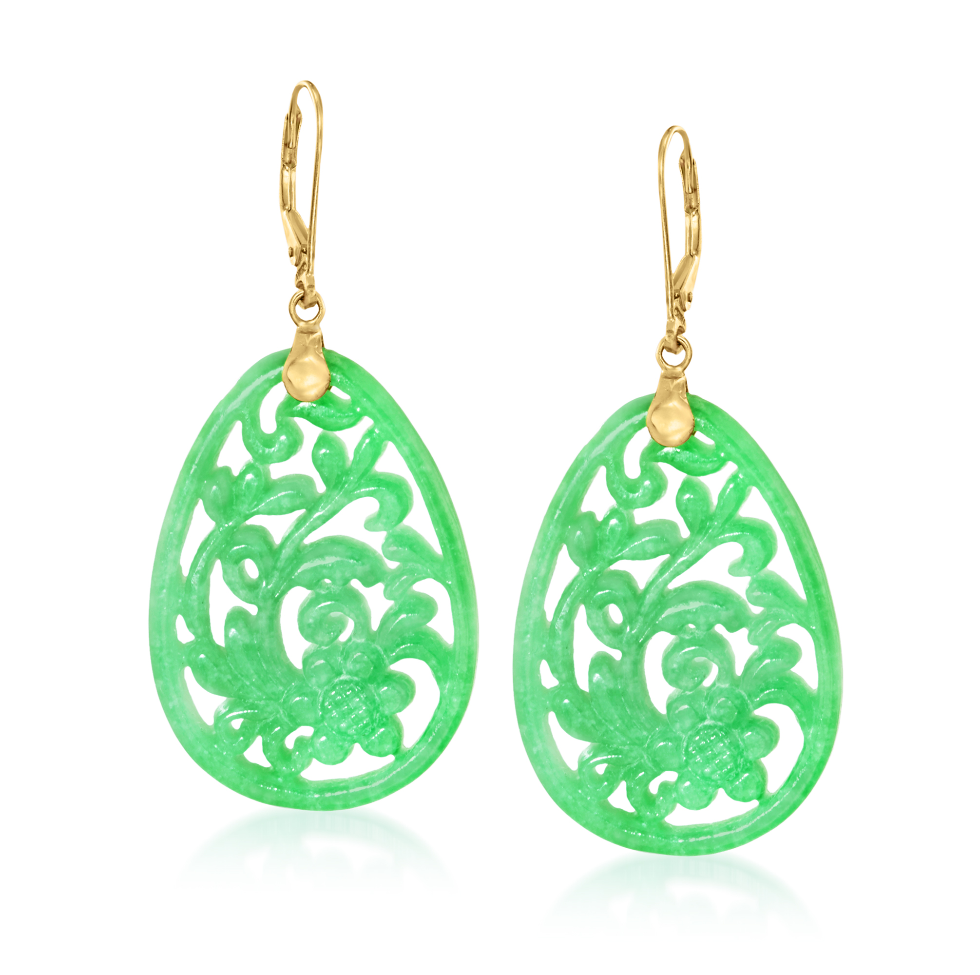 Carved Jade Floral Drop Earrings in 14kt Yellow Gold | Ross-Simons