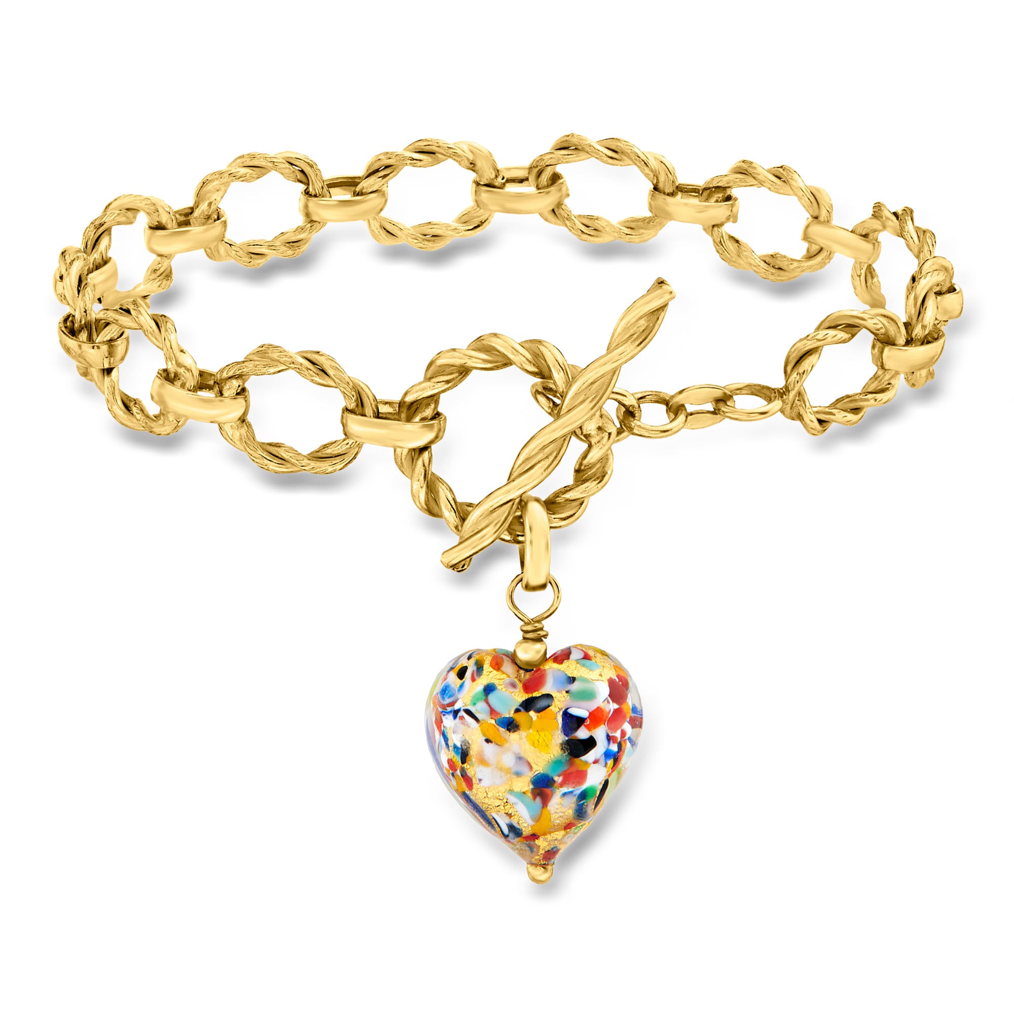 Italian Multicolored Murano Glass Heart Charm Toggle Bracelet in