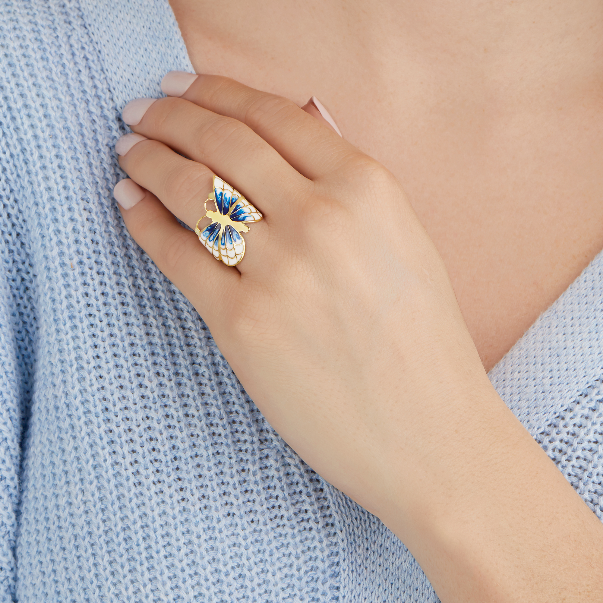 Italian Blue and White Enamel Butterfly Ring in 14kt Yellow Gold