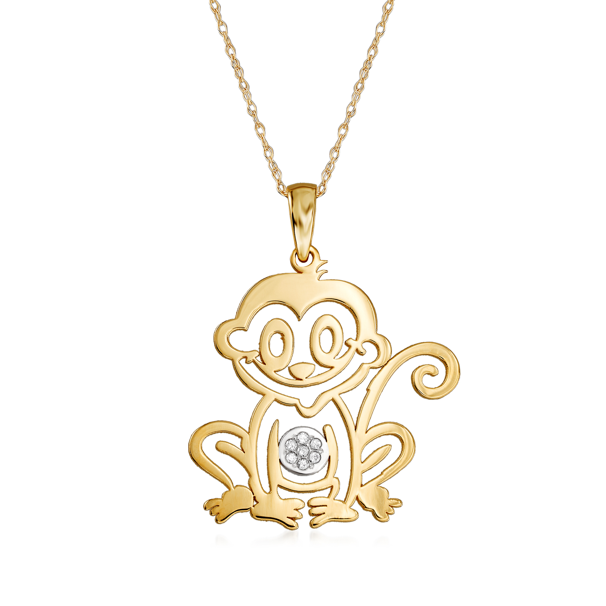 Wishrocks Round Cut Diamond Accent Hanging Monkey Pendant Necklace in 14K Gold Over Sterling Silver
