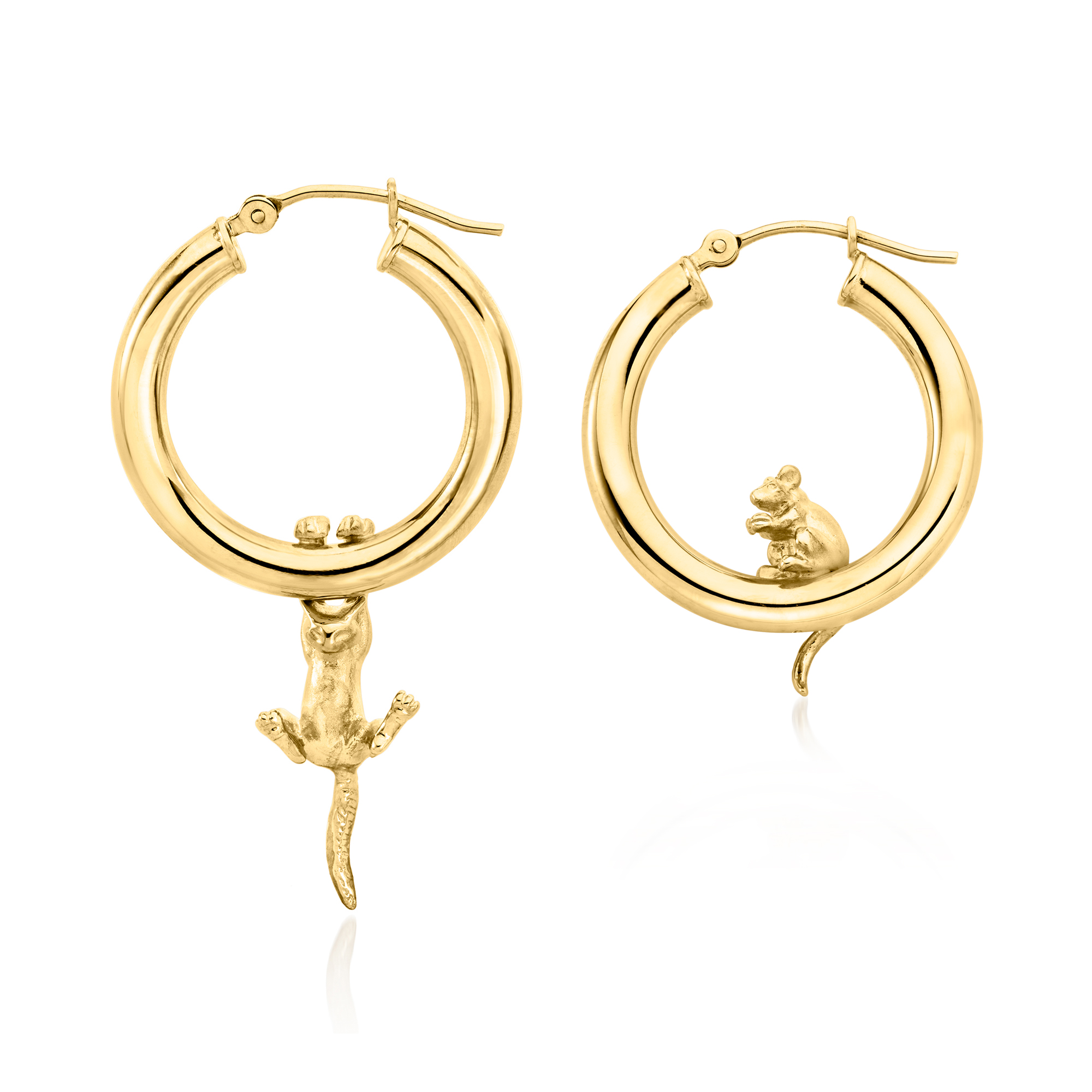 C. 1980 Vintage 14kt Yellow Gold Cat and Mouse Hoop Earrings
