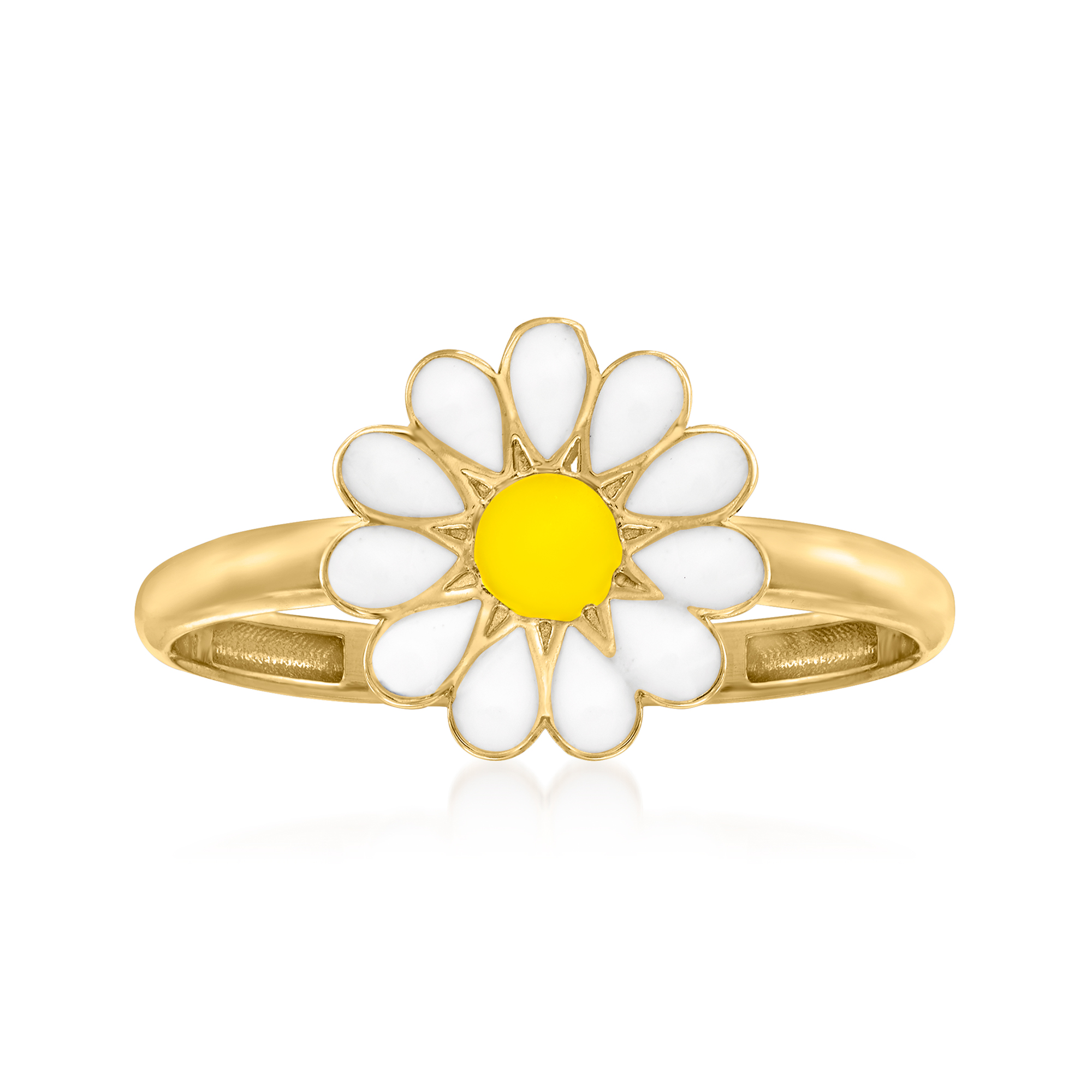 White and Yellow Enamel Daisy Ring in 14kt Yellow Gold