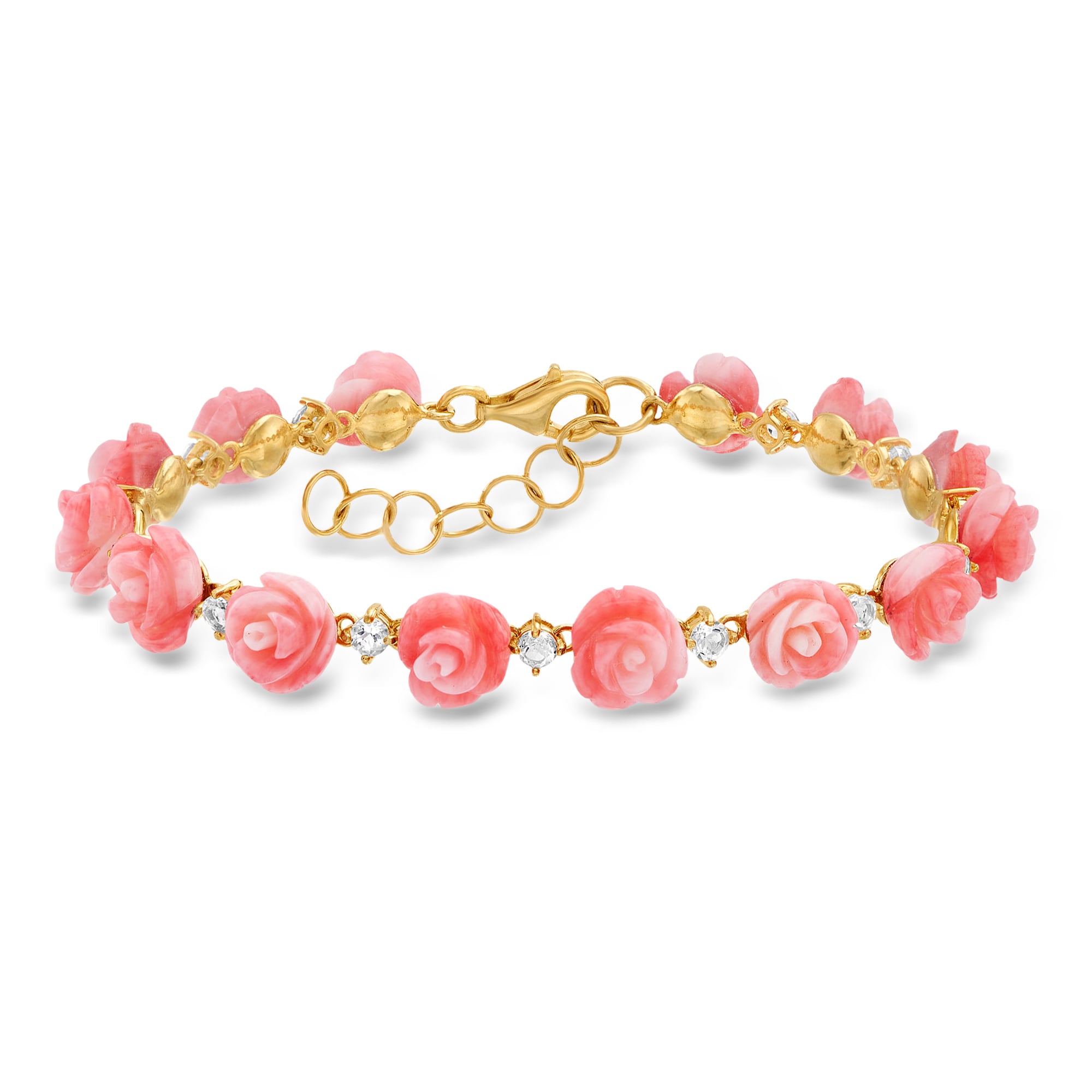 Pink Coral and 1.30 ct. t.w. White Topaz Rose Bracelet in 18kt