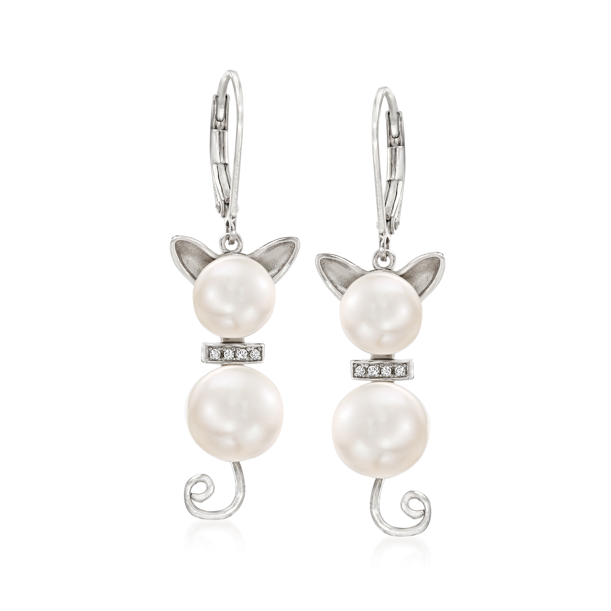 ピアス Feline Head Pearl Drop Earrings 7.5-9mm Cultured Pearl and Diamond Cat Drop Earrings in