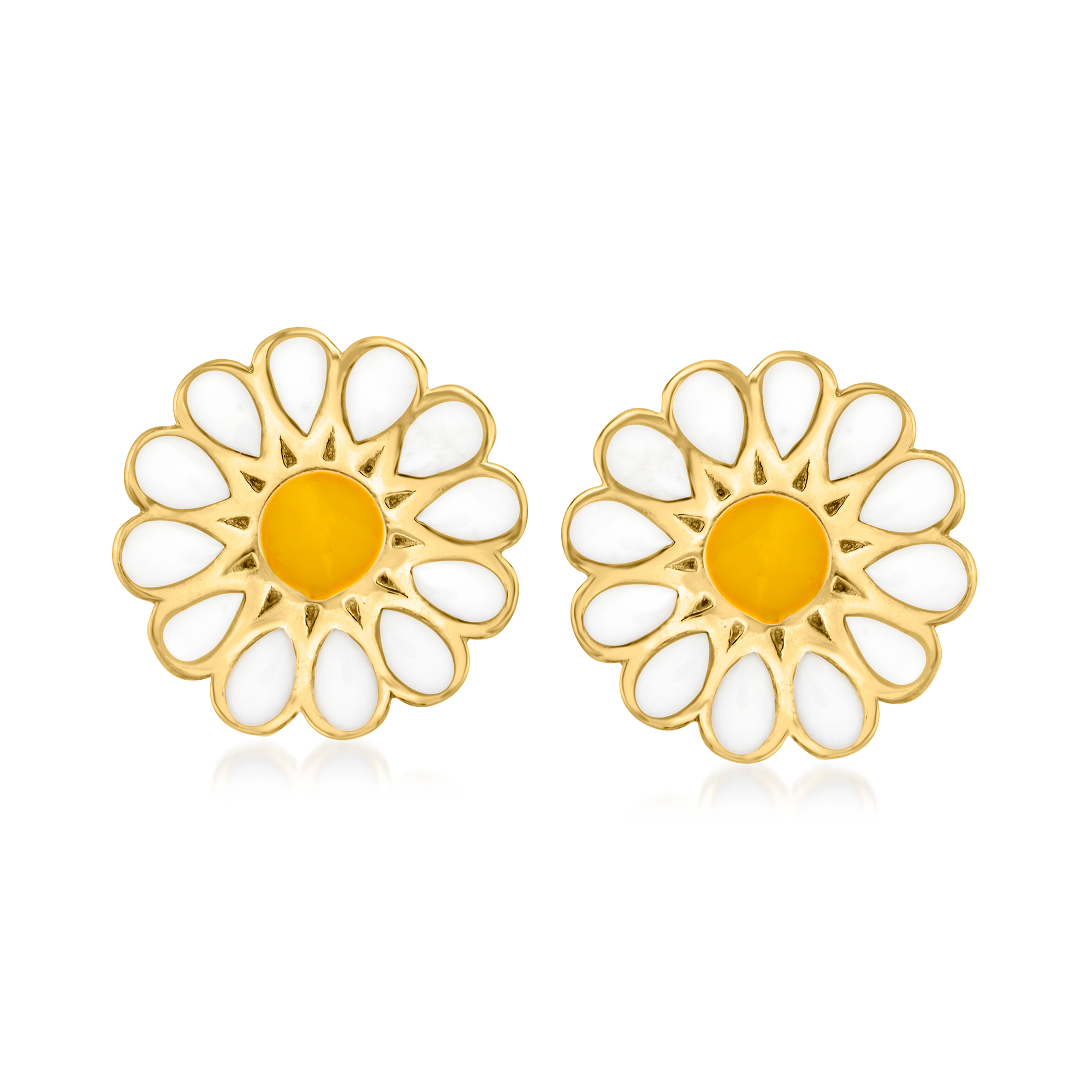White and Yellow Enamel Daisy Earrings in 14kt Yellow Gold