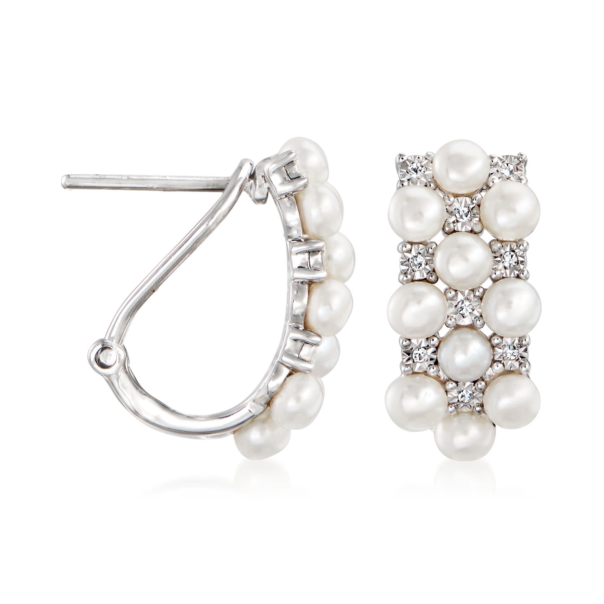 3mm Cultured Pearl Curved Earrings with Diamond Accents in