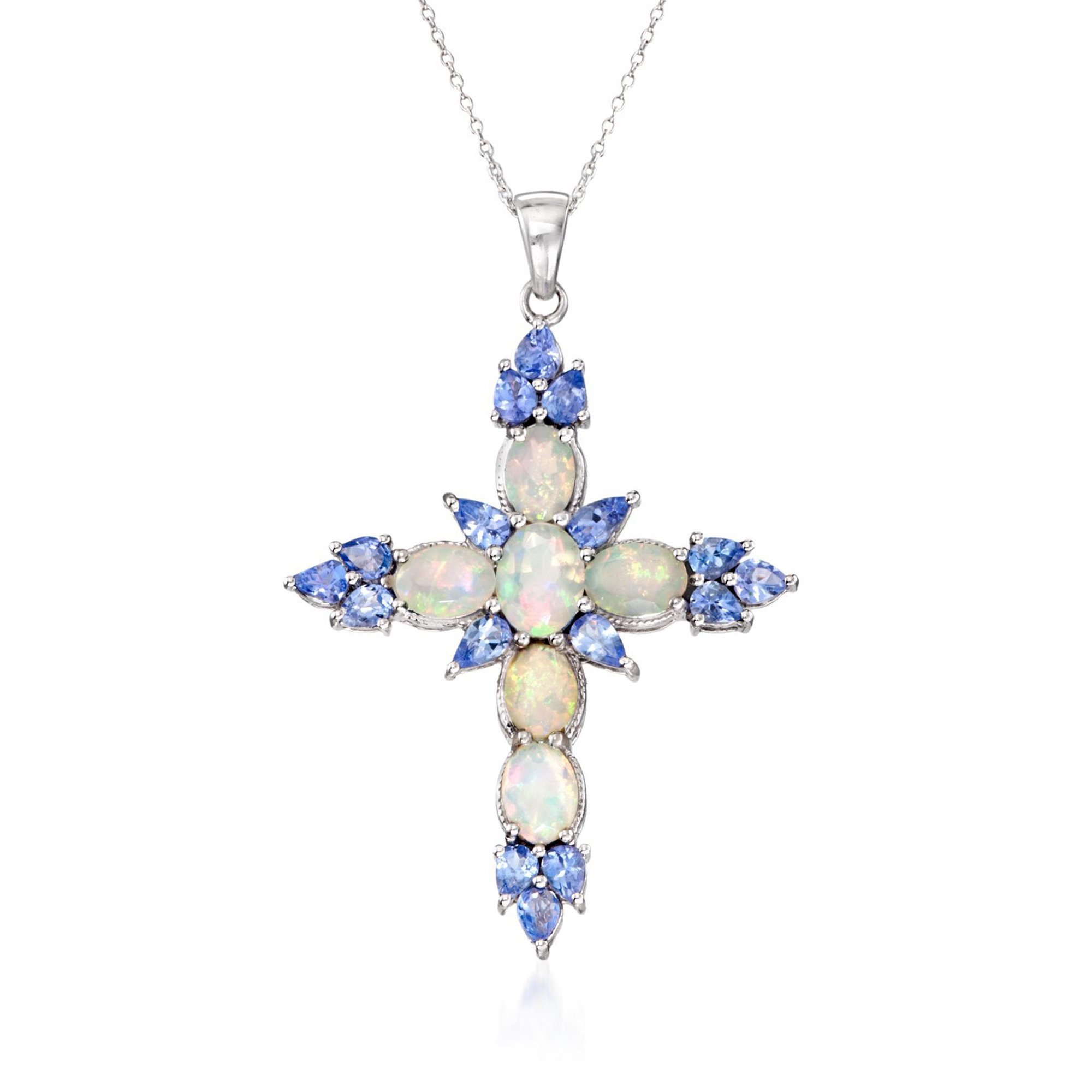 Ethiopian Opal and 1.90 ct. t.w. Tanzanite Cross Pendant