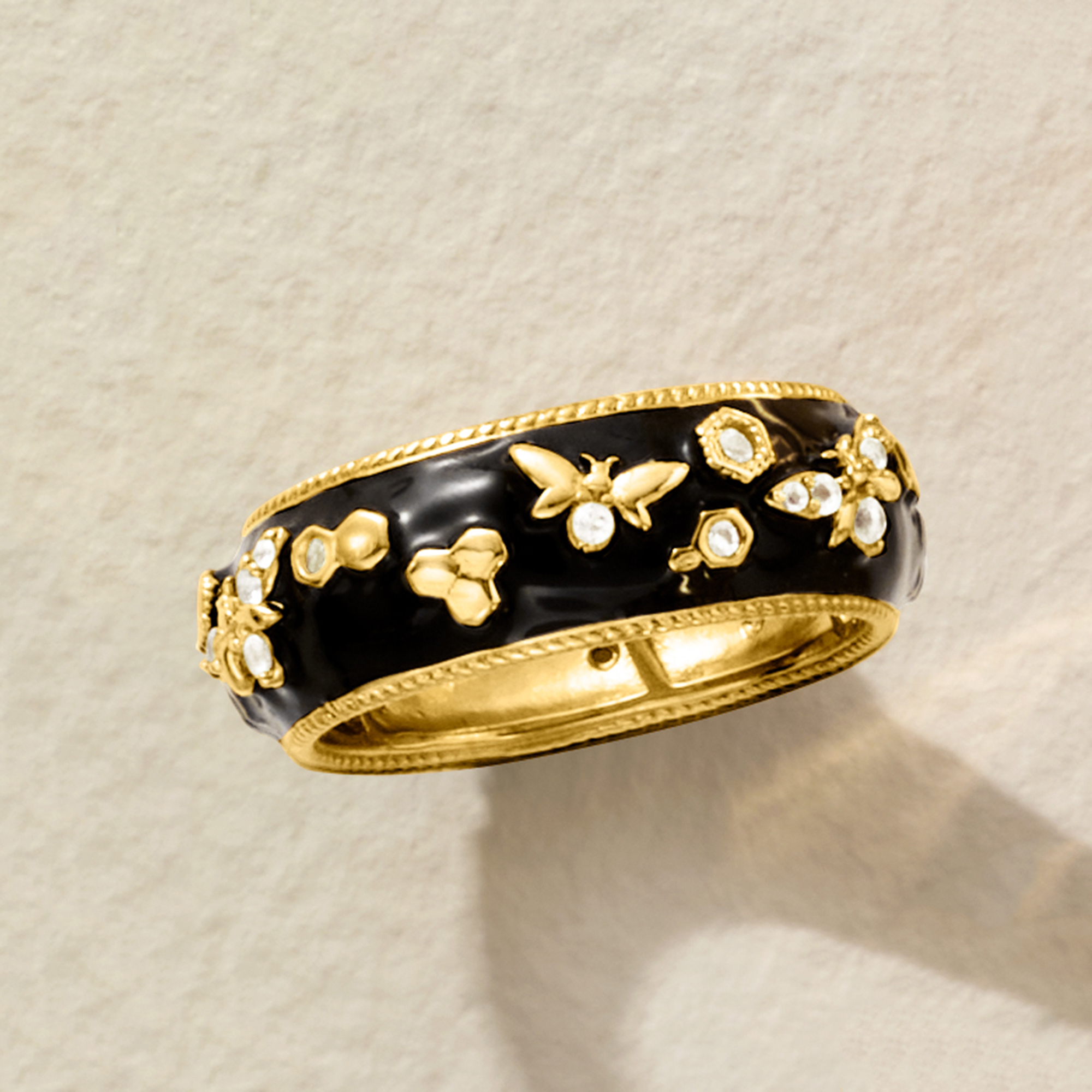 30 ct. t.w. White Topaz and Black Enamel Bumblebee Ring in 18kt