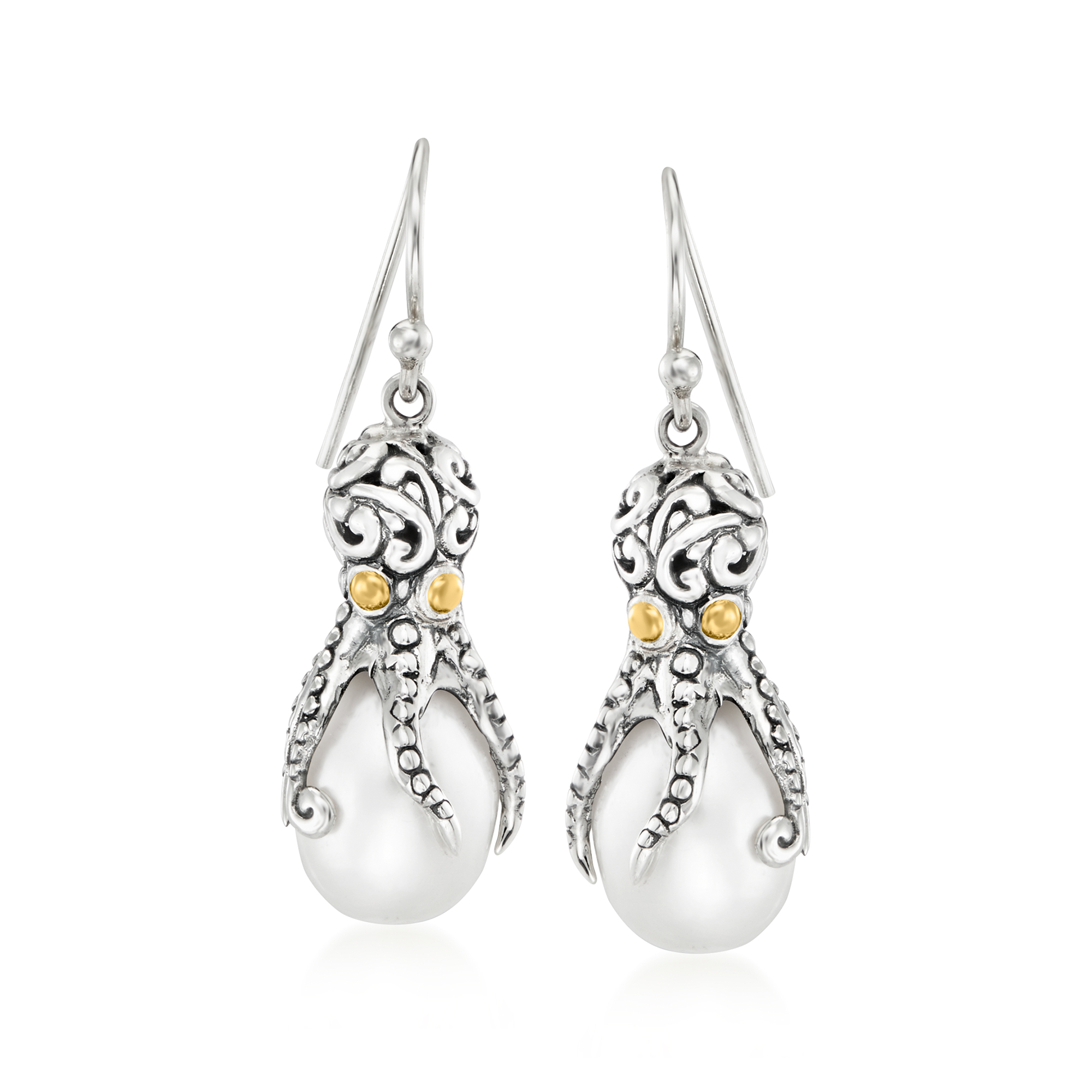 9-9.5mm Cultured Pearl Bali-Style Octopus Drop Earrings in