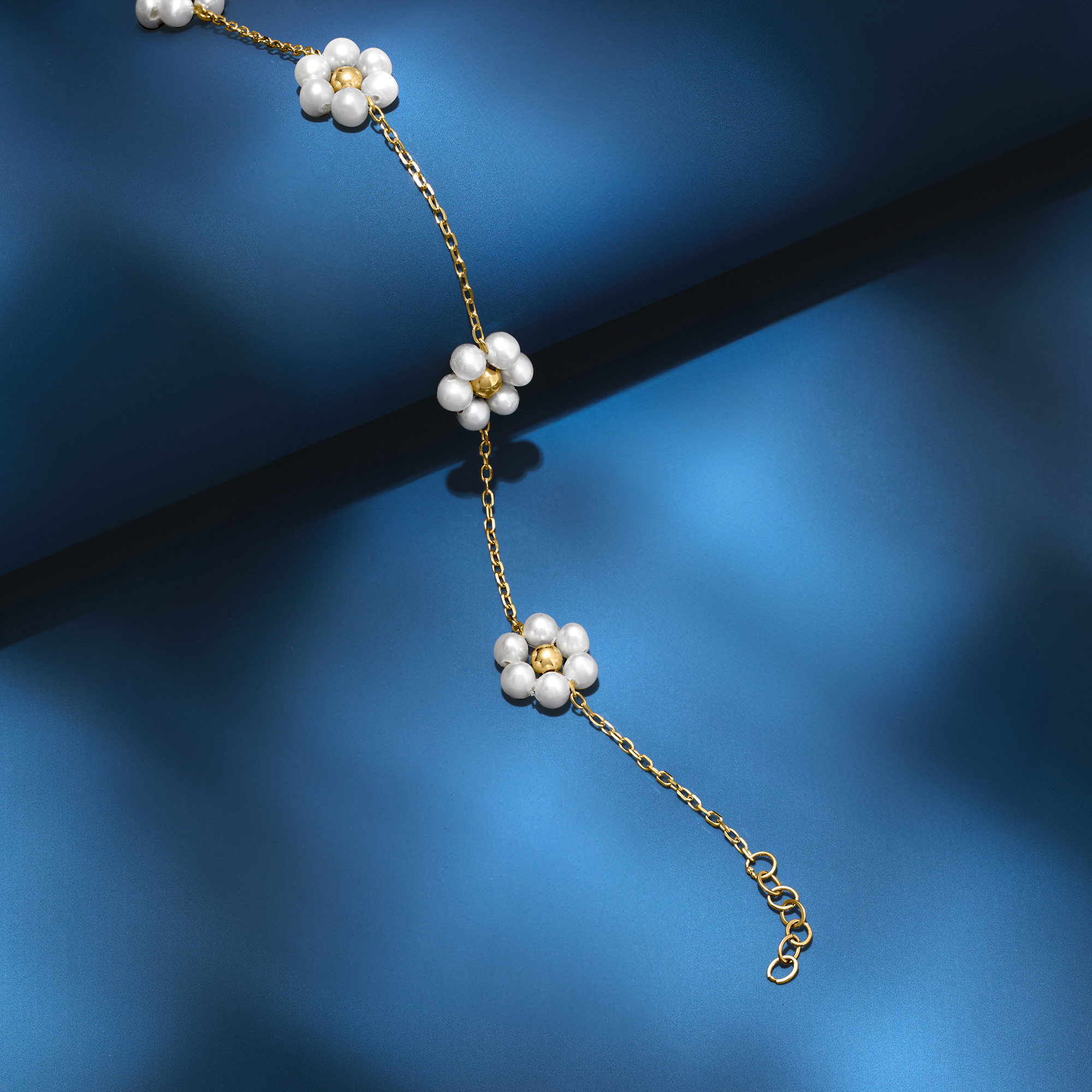 3-3.5mm Cultured Pearl Flower Station Bracelet in 14kt Yellow Gold