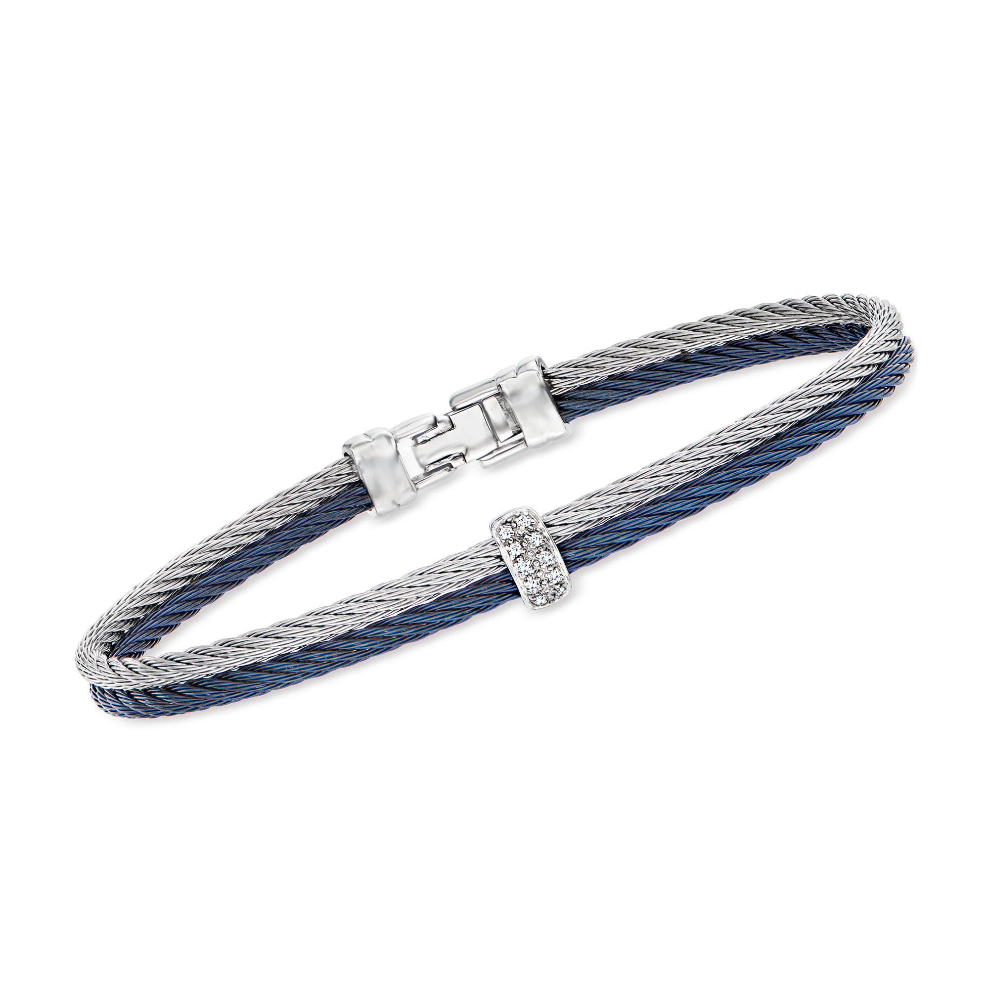 ALOR Blue and Gray Stainless Steel Cable Bracelet with Diamond Accents