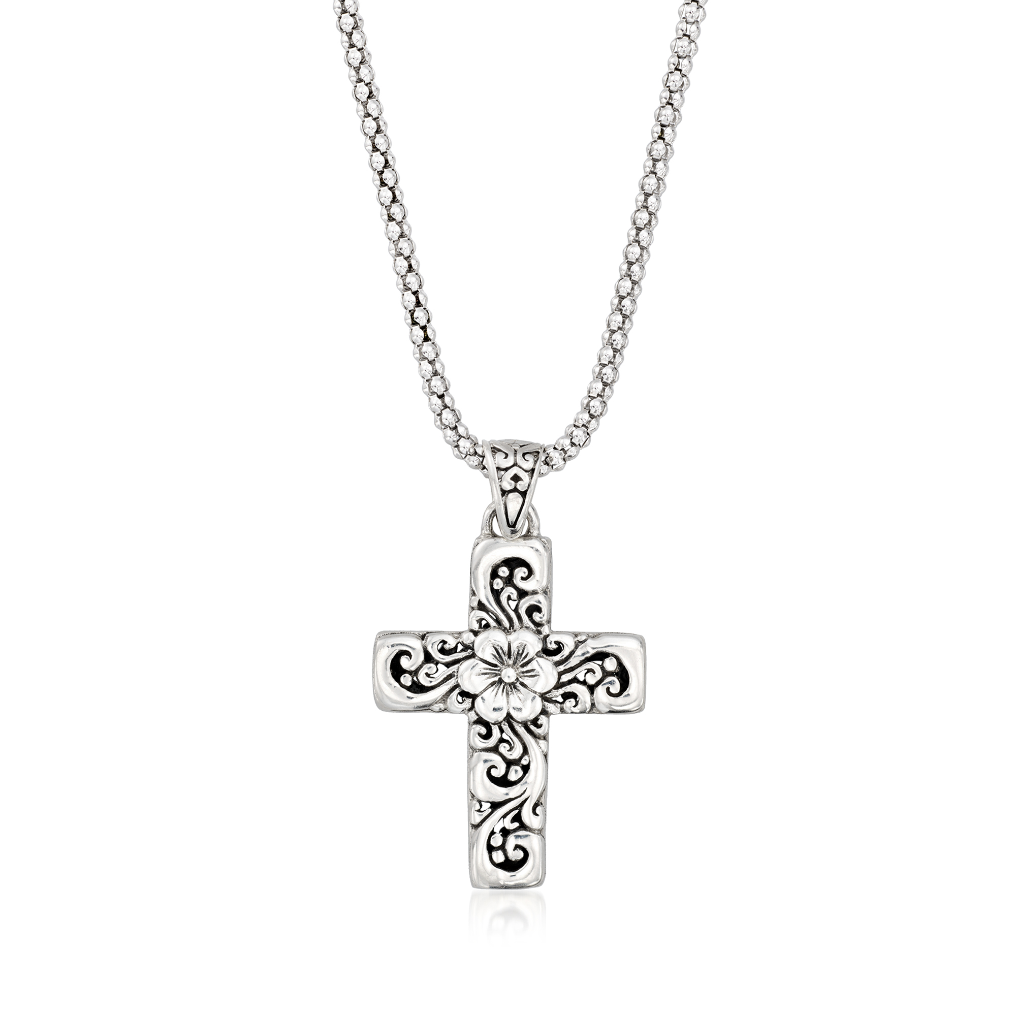 Sterling Silver Bali-Style Floral Cross Pendant Necklace