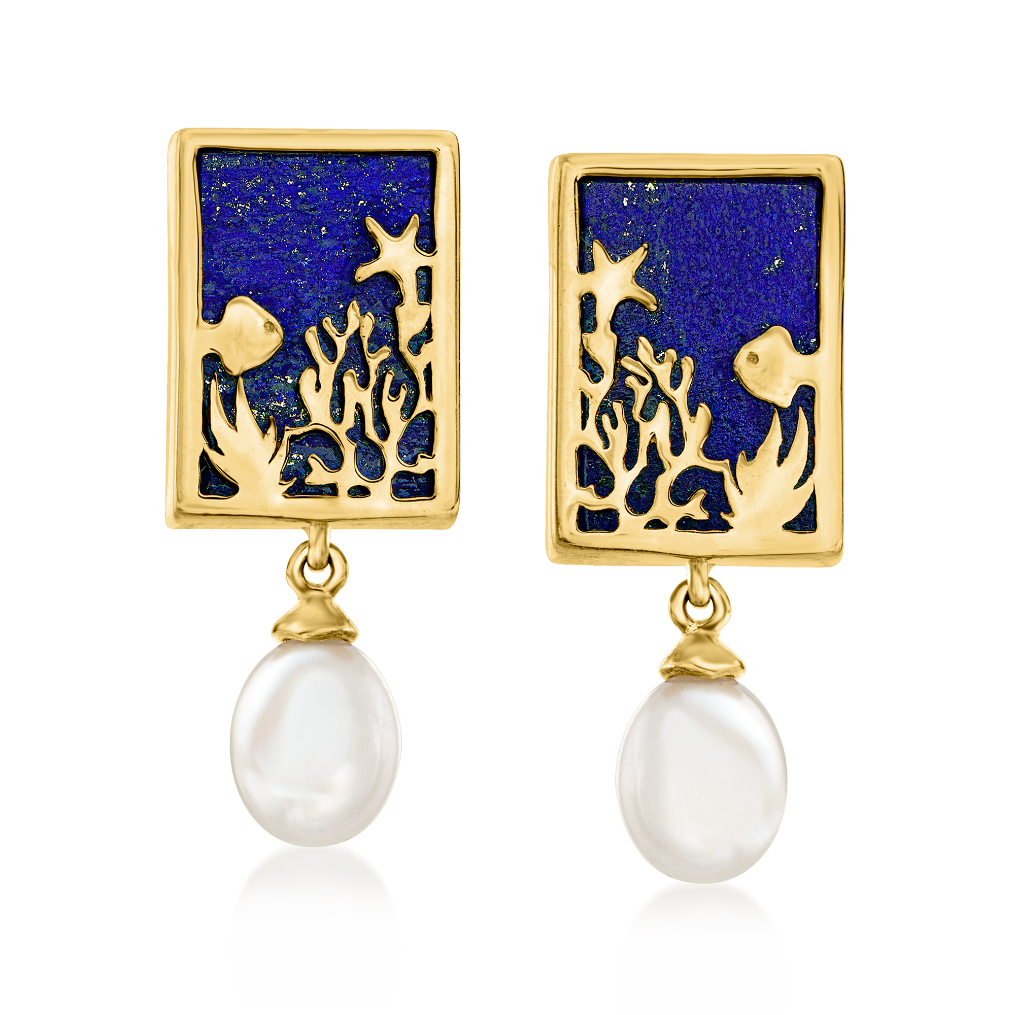 Lapis Sea Life Drop Earrings with 7x5mm Cultured Pearls in 18kt Gold ...