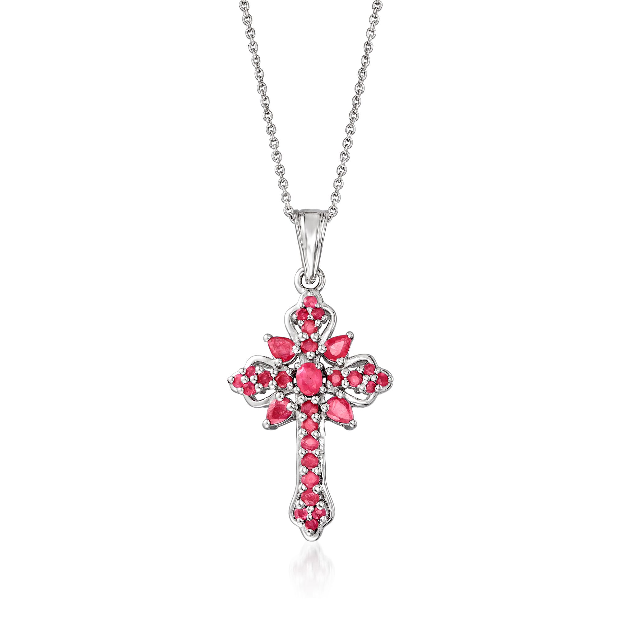 1.46 ct. t.w. Ruby Cross Pendant Necklace in Sterling Silver. 18